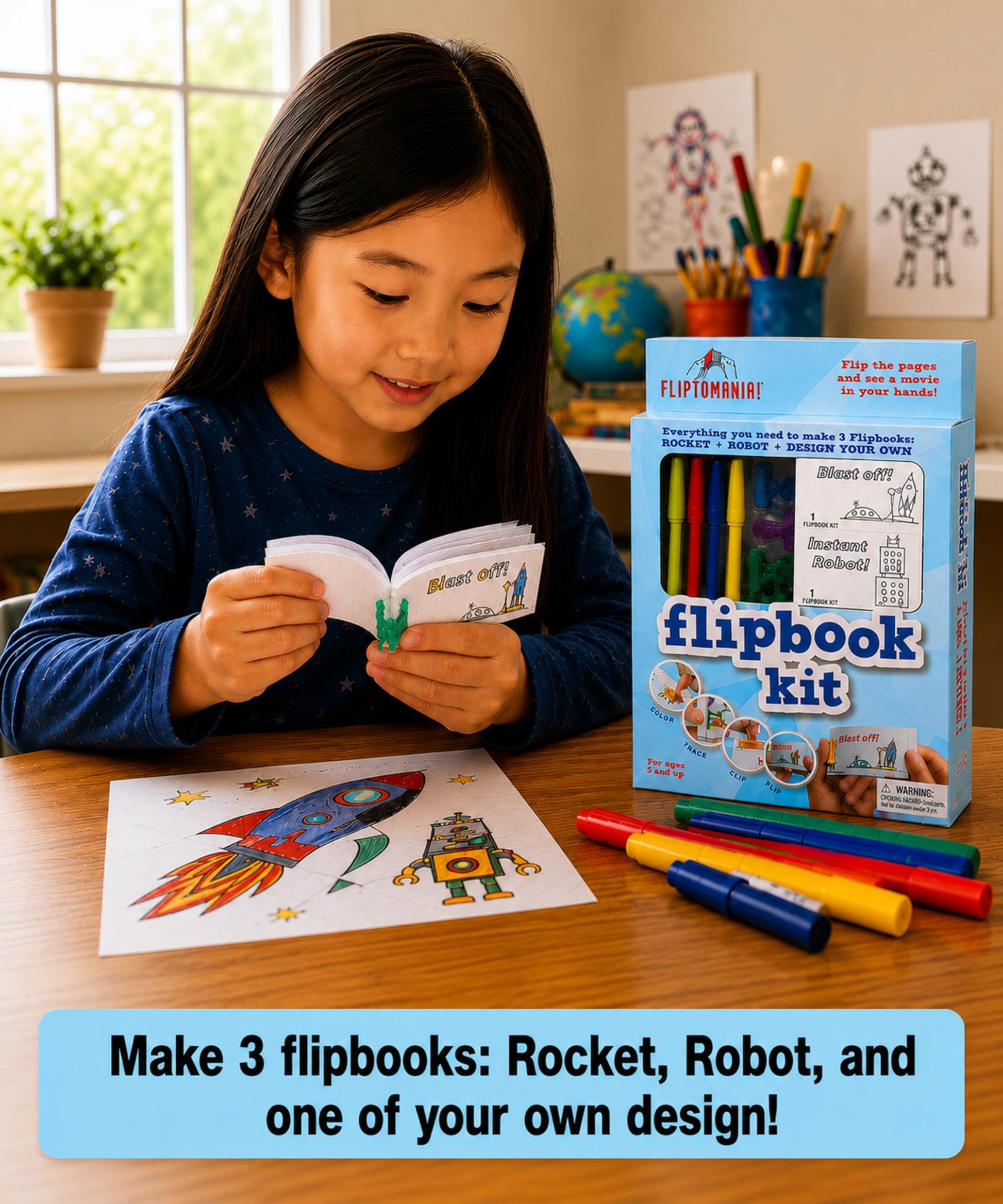 Fliptomania Flipbook Make-Your-Own Flip Book Kit for Kids 3 Pack, Rocket, Robot, & Blank DIY Flipbook Paper, Drawing Kids Arts & Crafts Project Set