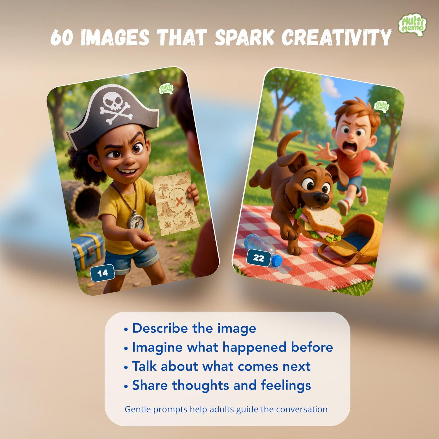 Talkiyou Kids Conversation Cards - 60 Picture Prompts & 240 Open-Ended Questions for Kids Ages 5-12 - Spark Imagination, Emotions & Meaningful Talks