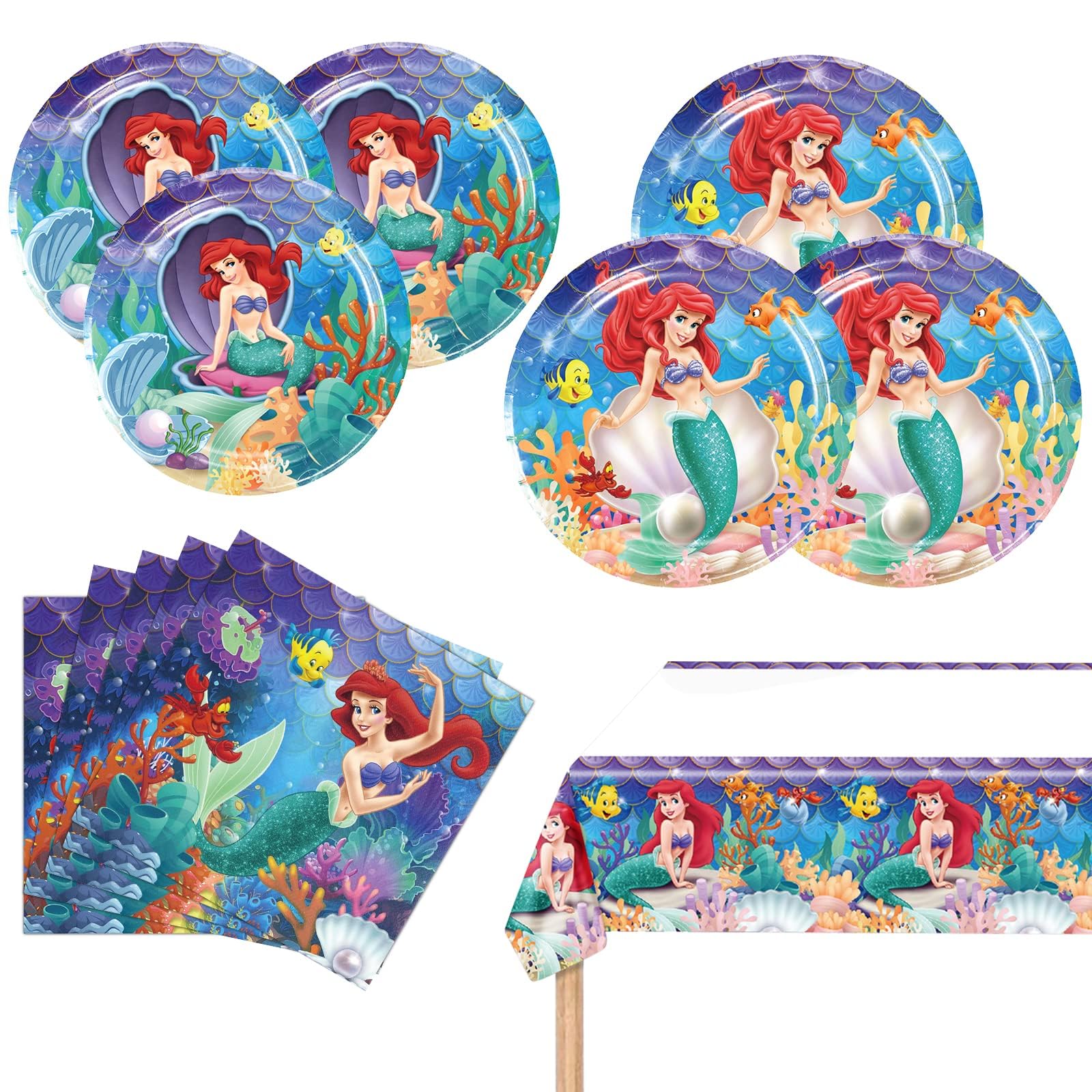Ariel Birthday Party Supplies, 20 Plates, 20 Napkins and 1 Tablecover for Girls Little Mermaid Party Decorations