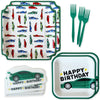 Modern Whimsy Race Car Birthday Party Decorations - 64 Pc Car Tableware Serves 16 - Square Plates, Die-Cut Car Napkins & Forks - Green Boys Car Themed