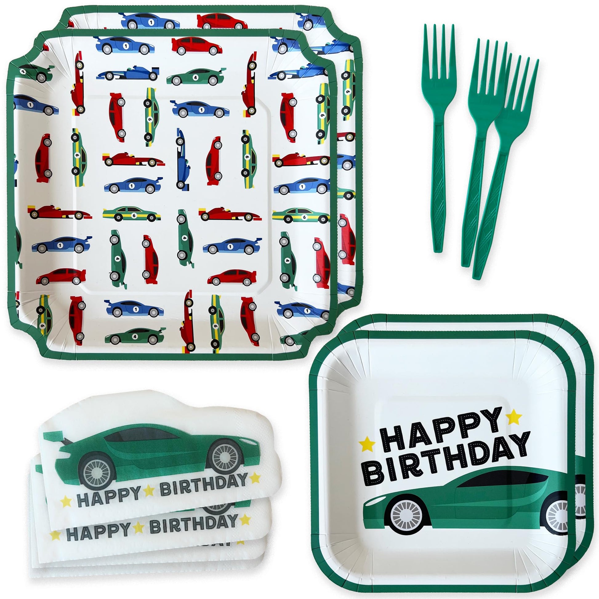 Modern Whimsy Race Car Birthday Party Decorations - 64 Pc Car Tableware Serves 16 - Square Plates, Die-Cut Car Napkins & Forks - Green Boys Car Themed