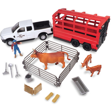 Big Country Toys: Truck & Cattle Trailer Adventure - 18pc Farm Toy Playset, Light-Sound White Pickup, Articulated Animals & Rancher Figure, Kids 3+