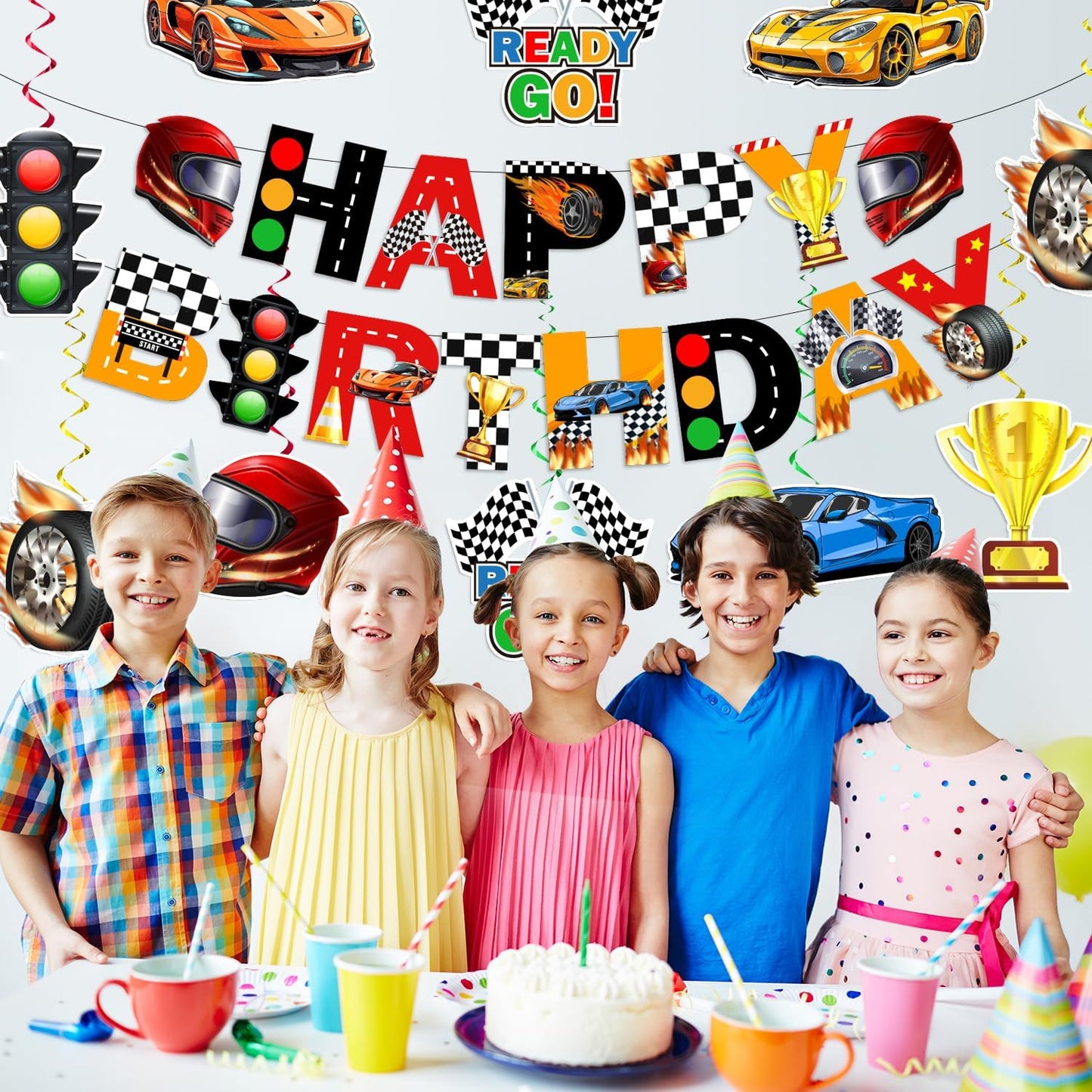 KORHONEN Race Car Themed Birthday Party Decorations for Boys and Adults - Includes Happy Birthday Banner and Hanging Swirls
