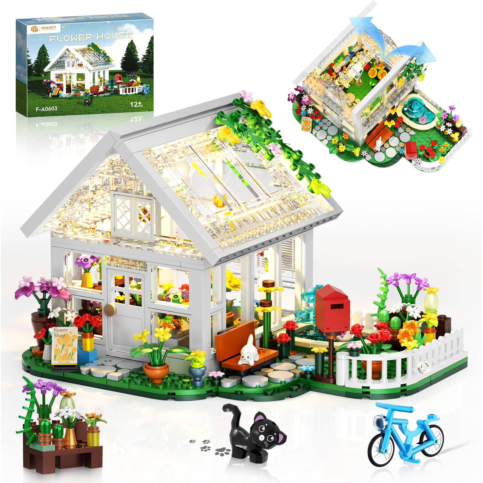 BUILDIFY Flower House Building Set with LED Light, Creative Greenhouse Building Toy Kits, Garden House City Street View Playset, Christmas Birthday