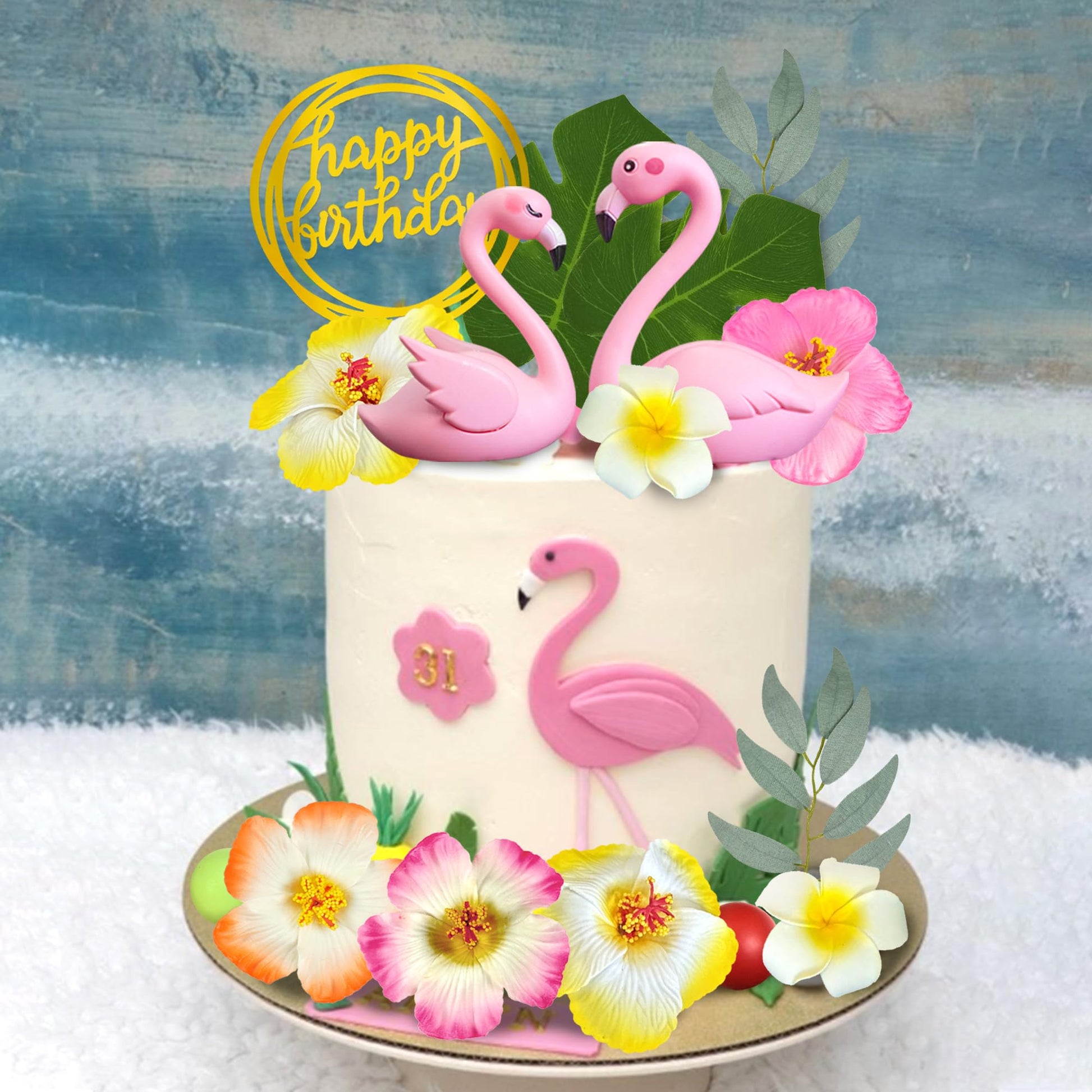 Flamingo Cake Toppers Summer Cake Decorations with Flower Palm Leaf Cake Toppers for Tropical Hawaiian and Beach Theme (Style1)