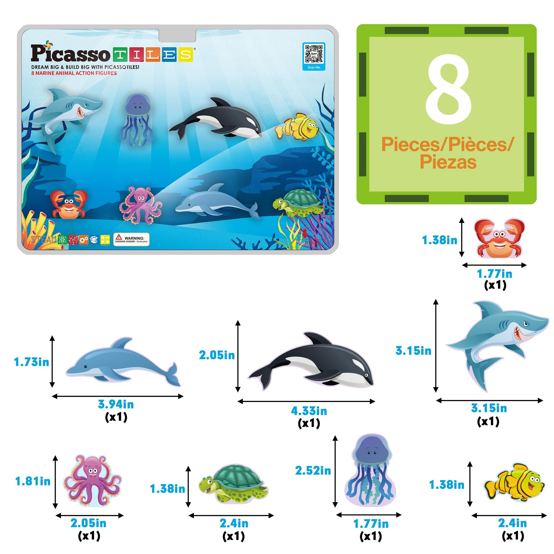 PicassoTiles Magnet Tile Building Blocks 8 Marine Animal Action Figures Compatible Magnetic Accessory Playset Tiles Kids Toys STEM Educational