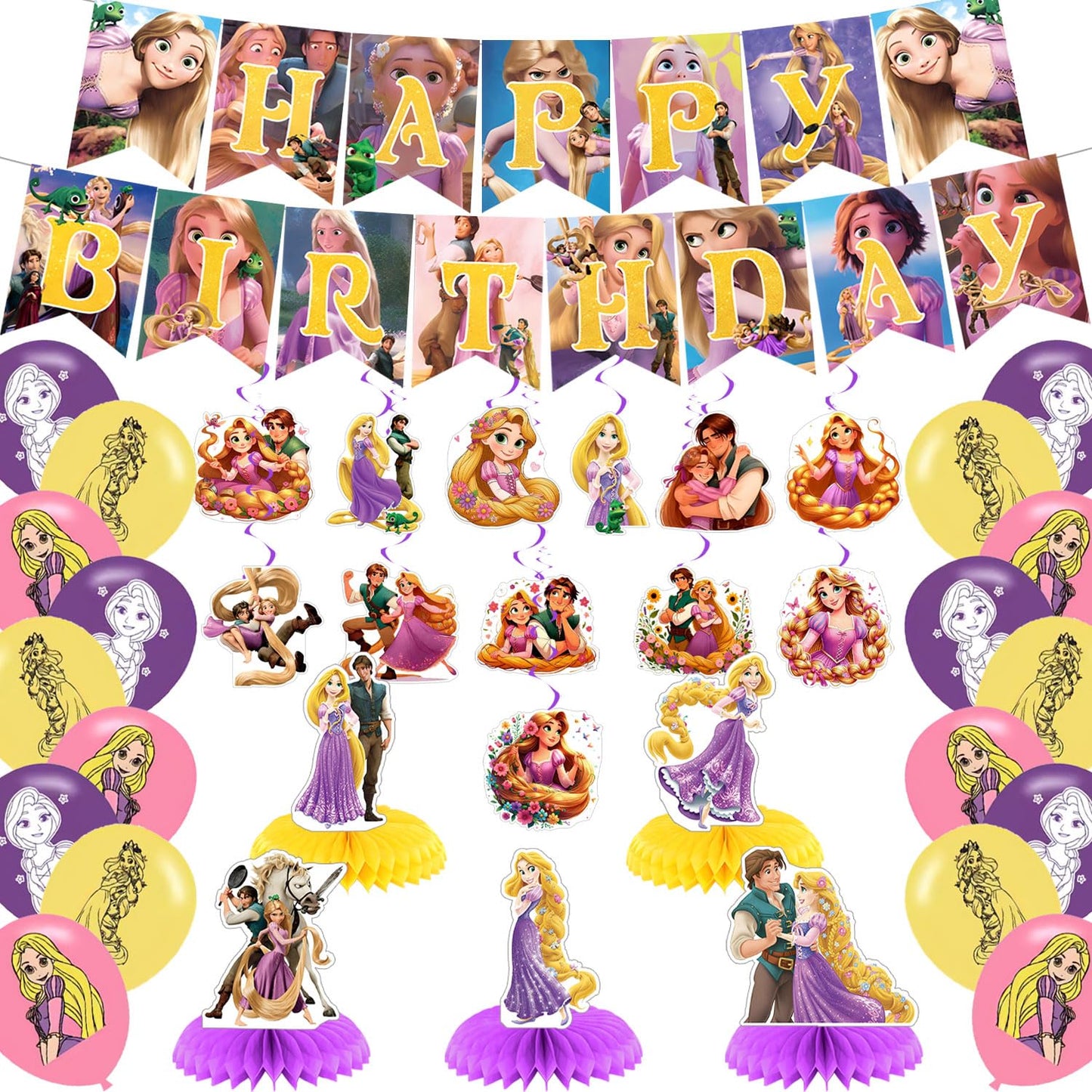 Long Hair Princess Birthday Party Decorations,Princess Party Supply Set for Kids with Happy Birthday Banner, Swirls,Centerpieces,18Balloons