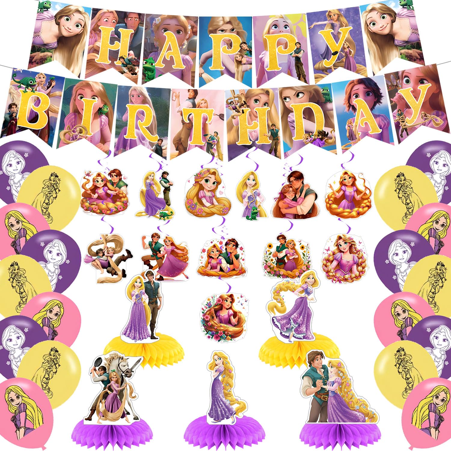Long Hair Princess Birthday Party Decorations,Princess Party Supply Set for Kids with Happy Birthday Banner, Swirls,Centerpieces,18Balloons
