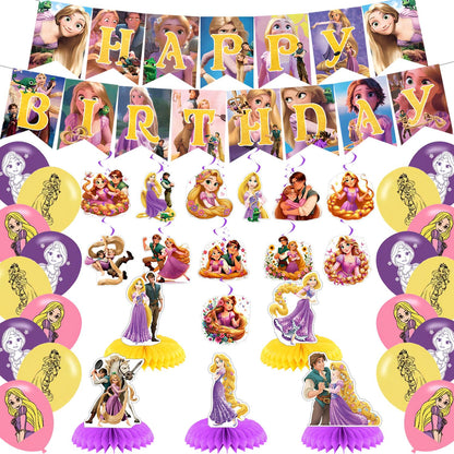 Long Hair Princess Birthday Party Decorations,Princess Party Supply Set for Kids with Happy Birthday Banner, Swirls,Centerpieces,18Balloons