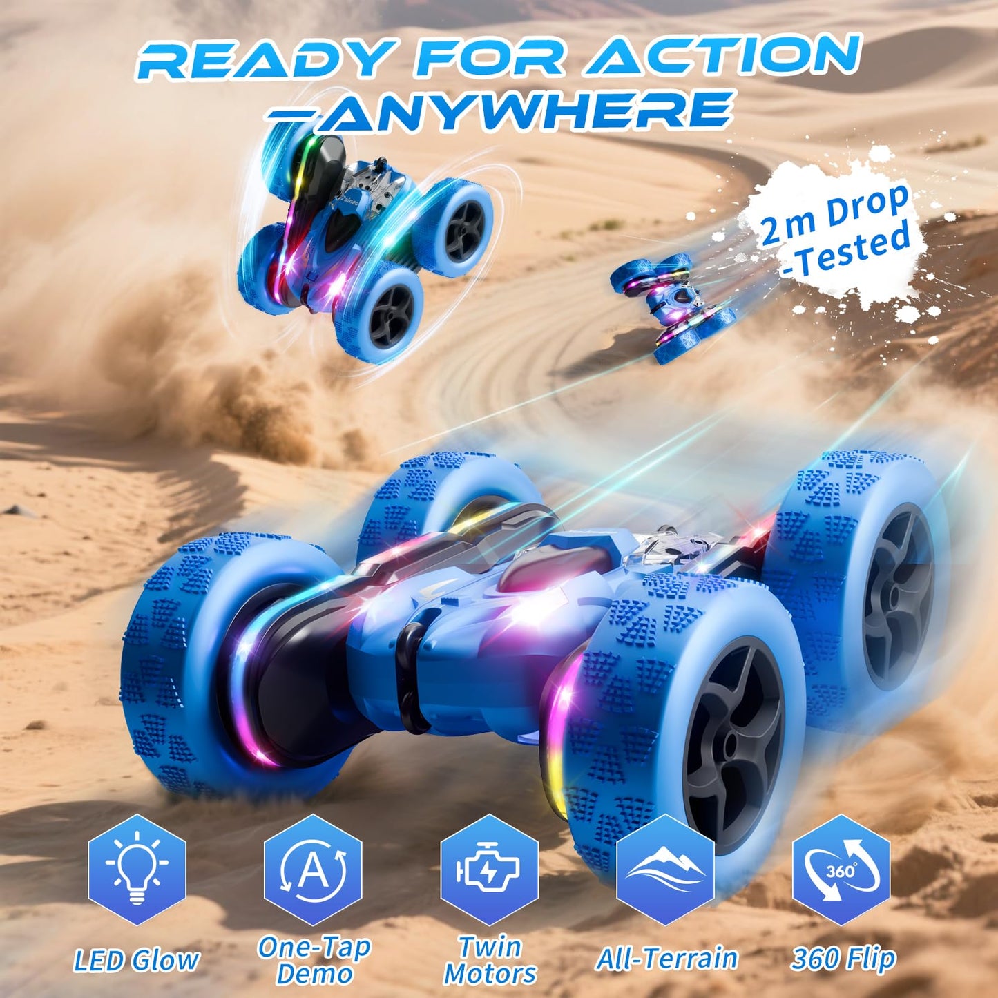 Zalneo Remote Control Stunt Car 4WD 360° Flip Double?Sided RC Cars, LED Light Bar, USB?C Modular Battery, 2.4 GHz Outdoor Beach Toy for Boys 6?12