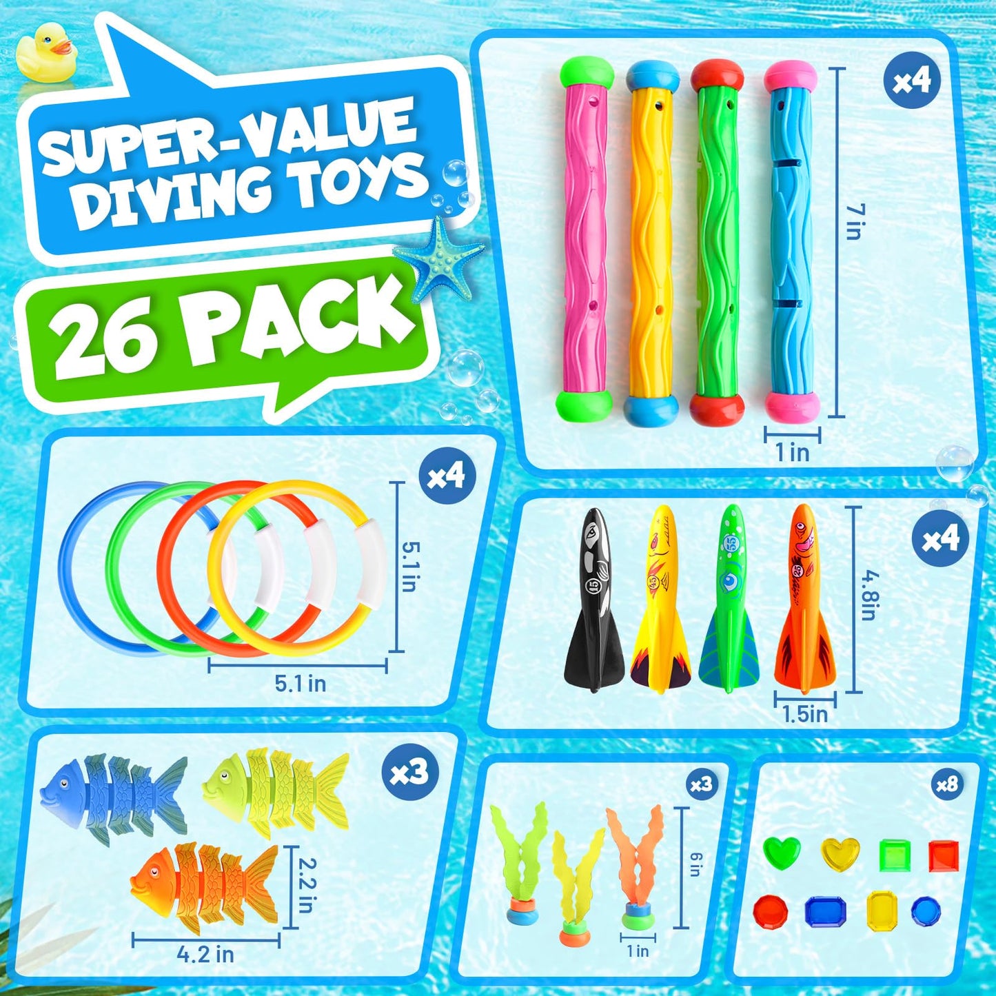 Dive Rings Pool Toys Adults, 26 Pcs Diving Toys for Kids Ages 4-8, Shark Torpedo Dive Set, Octopus Toddler Water Fun Toys, Summer Essentials