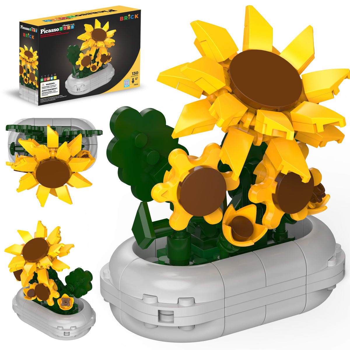 PicassoTiles 130pc STEM Sunflower Building Brick Block Set with Vase Flower Craft Toy for Kids Ages 3+ Educational Learning and Creative Activity