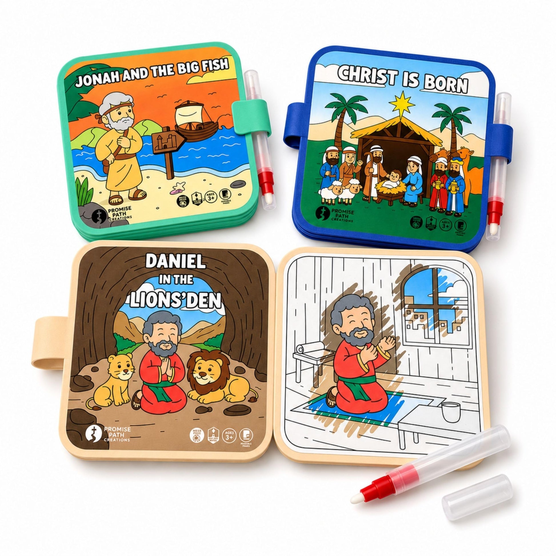 Reusable Bible Story Water Reveal Coloring Book Set for Kids (3 Books, 3 Water Pens) - Mess-Free Christian Activity Series with Noah’s Ark, Jonah