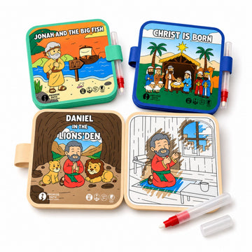 Reusable Bible Story Water Reveal Coloring Book Set for Kids (3 Books, 3 Water Pens) - Mess-Free Christian Activity Series with Noah’s Ark, Jonah