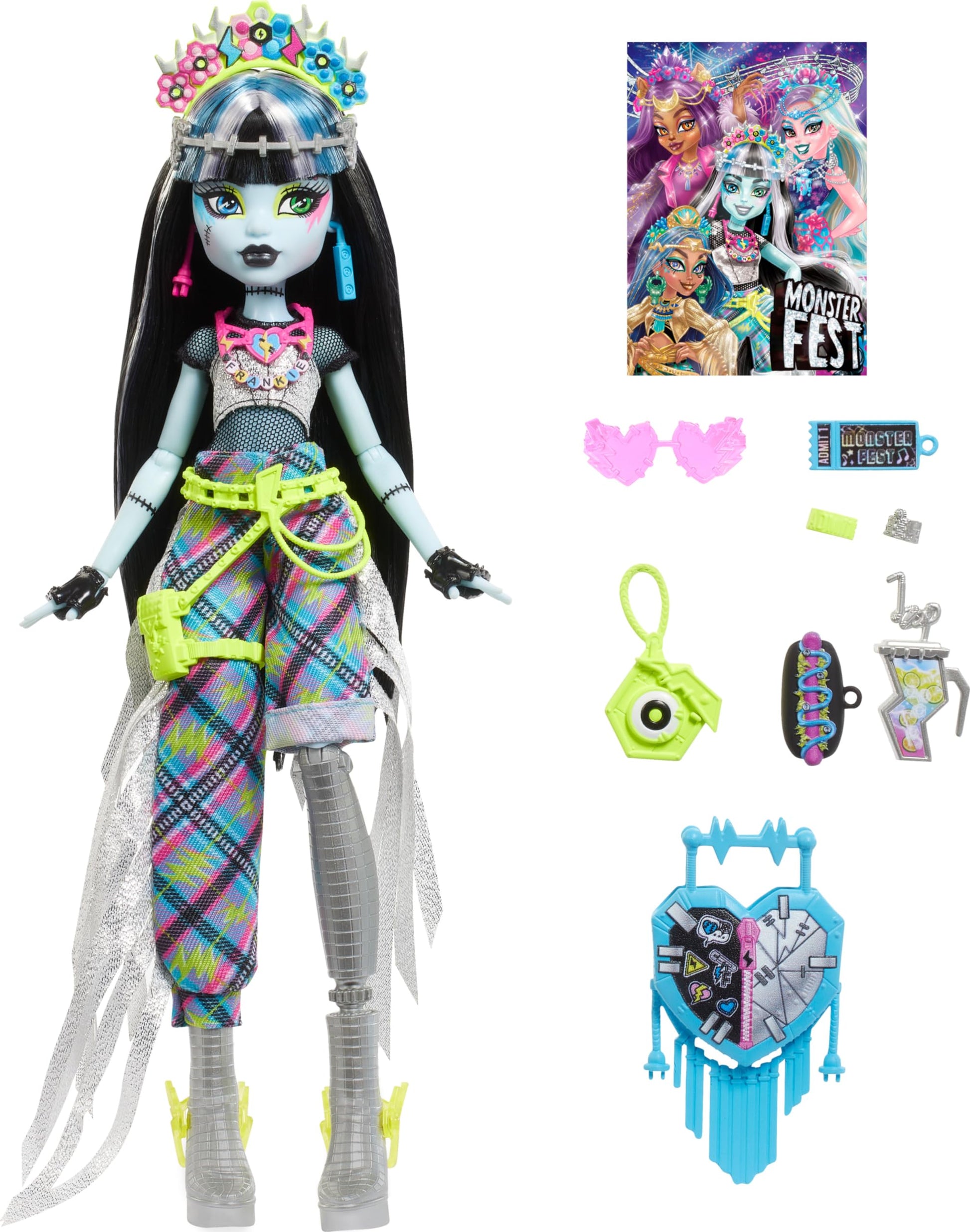 Monster High Monster Fest Doll, Frankie Stein with Glam Outfit & Festival Themed Accessories Like Snacks, Band Poster, Statement Bag & More