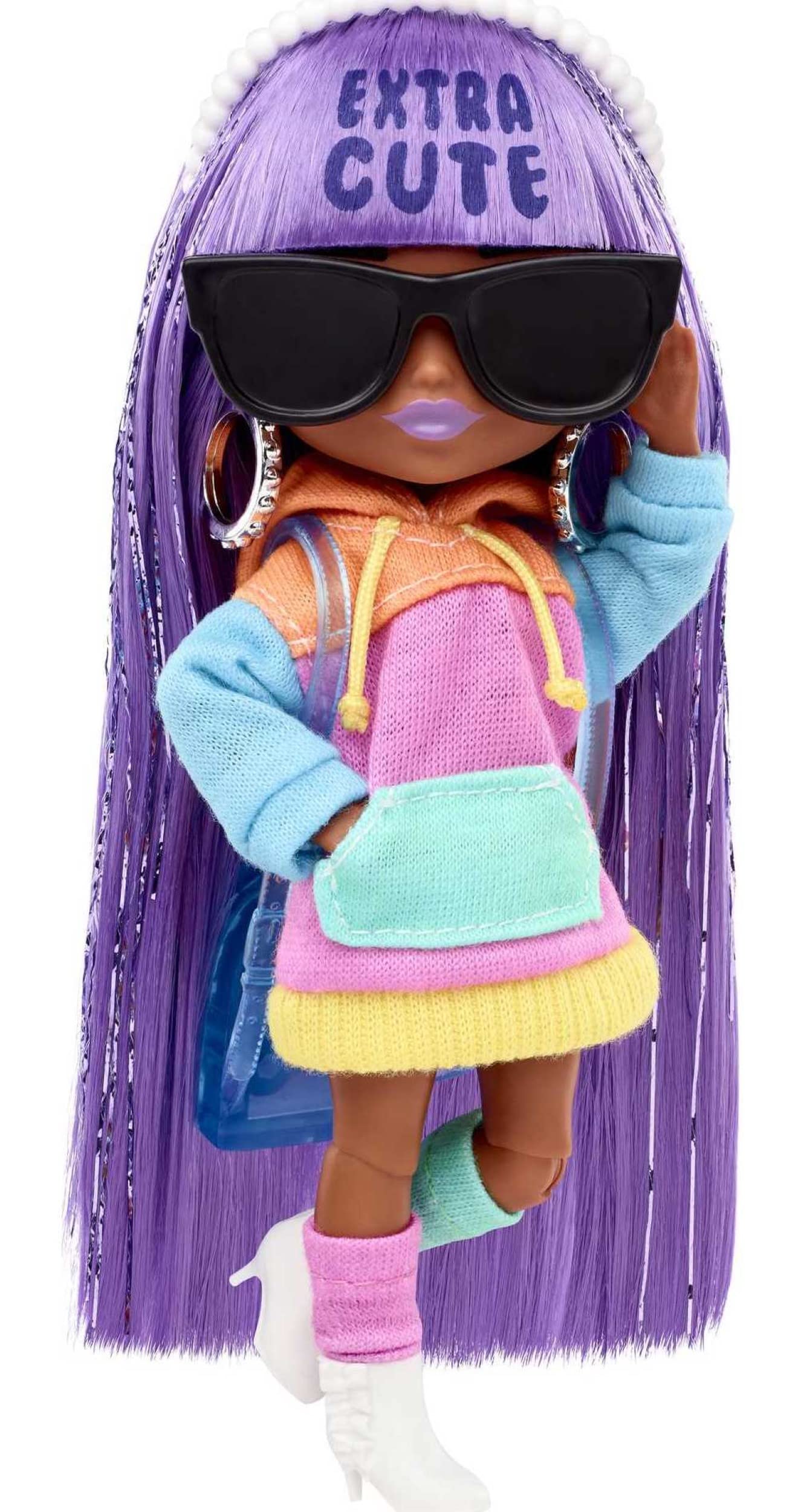 Barbie Extra Minis Doll & Accessories with Purple & Silver Hair Wearing Color-Block Hoodie Dress & Boots, 5.5-inch