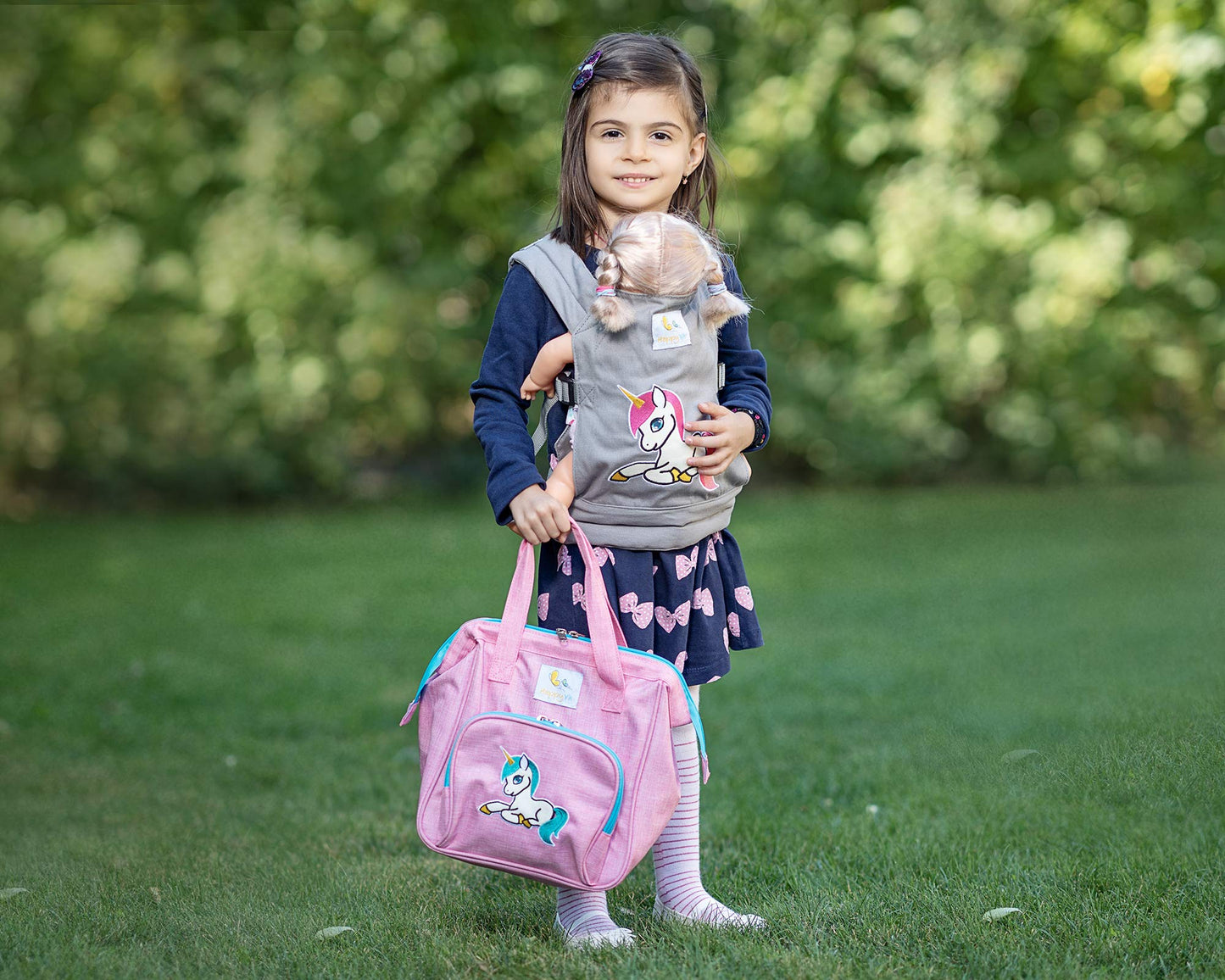 HappyVk-Baby Doll Carrier-Doll Carrier Front Back for Little Girls-Grey Unicorn