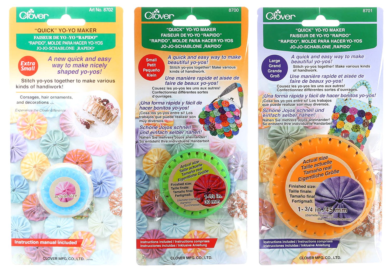 Bundle of Three (3) Quick Yo-Yo Makers: Extra Small (makes 3/4" yo-yos), Small (makes 1.25" yo-yos), and Large (makes 1.75" yo-yos)
