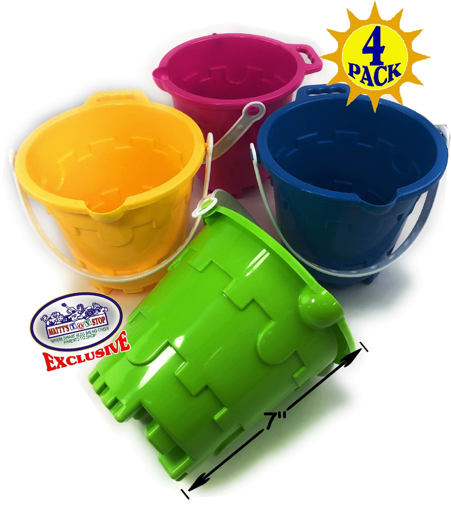 Matty's Toy Stop Beach Gear 7" Plastic Castle Mold Sand Buckets (Pails) with Easy Pour Spout and Handle Blue, Pink, Green & Yellow Party Set Bundle