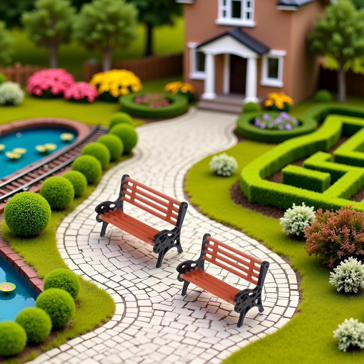 2Pcs Brown Miniature Park Bench Set, Street Seats and Garden Ornaments for Dollhouse and Fairy Garden Decor, Mini Bench Chairs for Train Platform