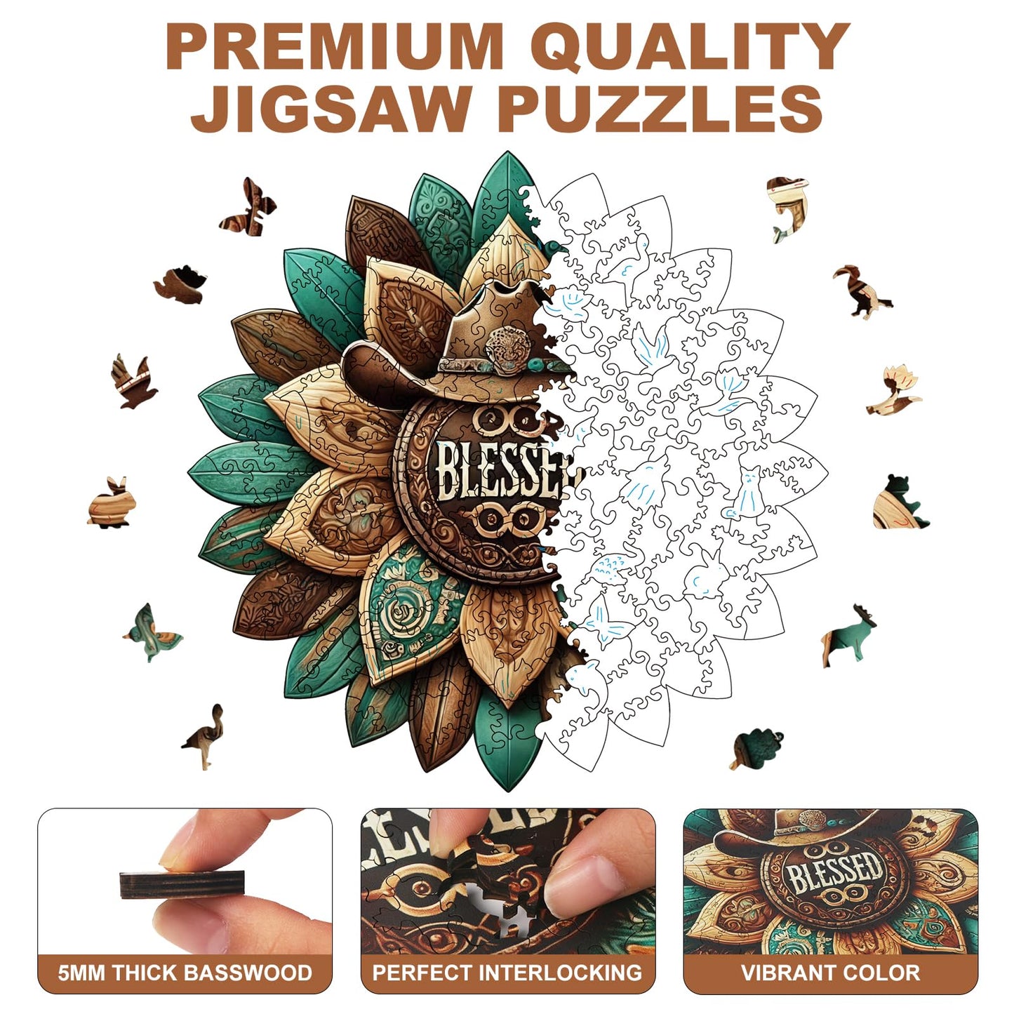 200 Pieces Blessed Wooden Puzzles for Adults, Cowboy Hat Unique Shaped Wooden Jigsaw Puzzles for Adults, Irregular Adult Wood Puzzle Creative Gift