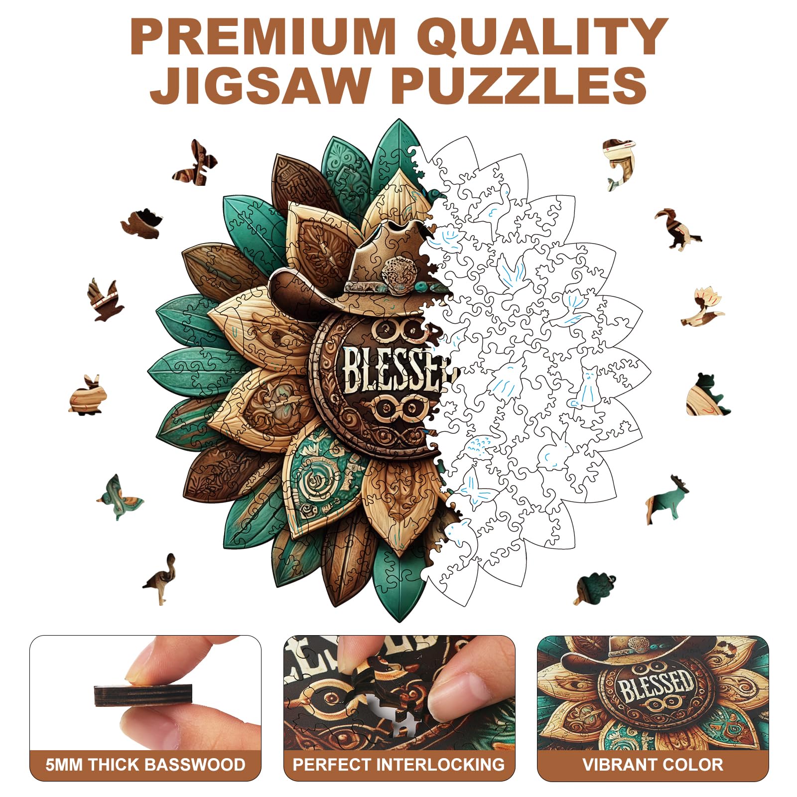 200 Pieces Blessed Wooden Puzzles for Adults, Cowboy Hat Unique Shaped Wooden Jigsaw Puzzles for Adults, Irregular Adult Wood Puzzle Creative Gift