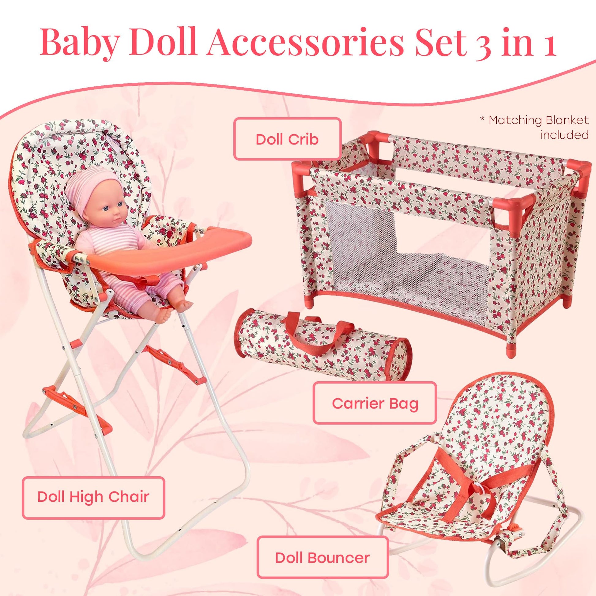 Floral Baby Doll Accessories Set, 3-1 Baby Doll Crib, Baby Doll High Chair & Bouncer Seat. 18 inch Doll Accessories with Doll Bed. 18" Dolls Furniture