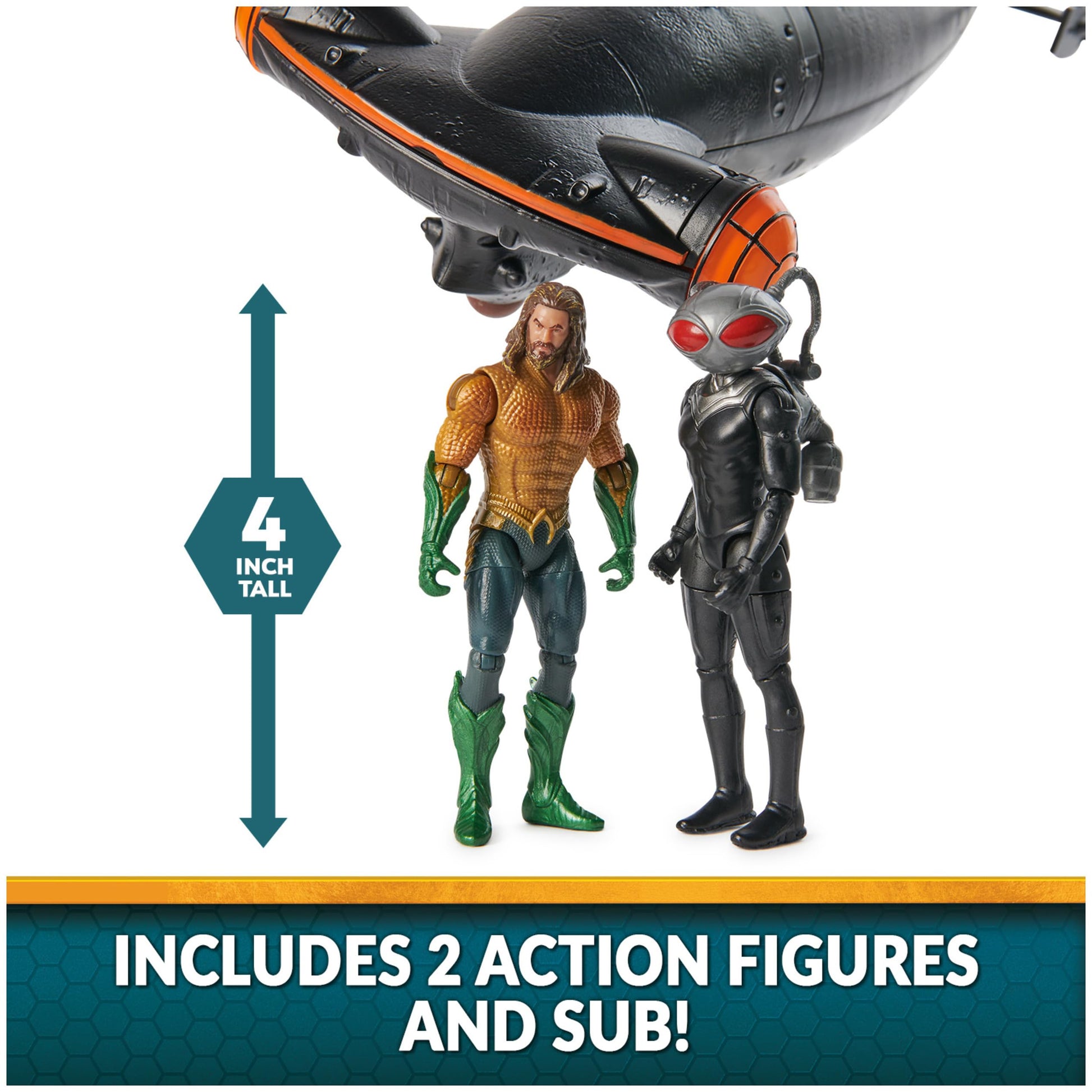 DC Comics, Aquaman vs Black Manta Battle Set, 4-inch Action Figures, Manta Sub with Lights & Sounds, Collectible Superhero Kids Toys for Boys & Girls
