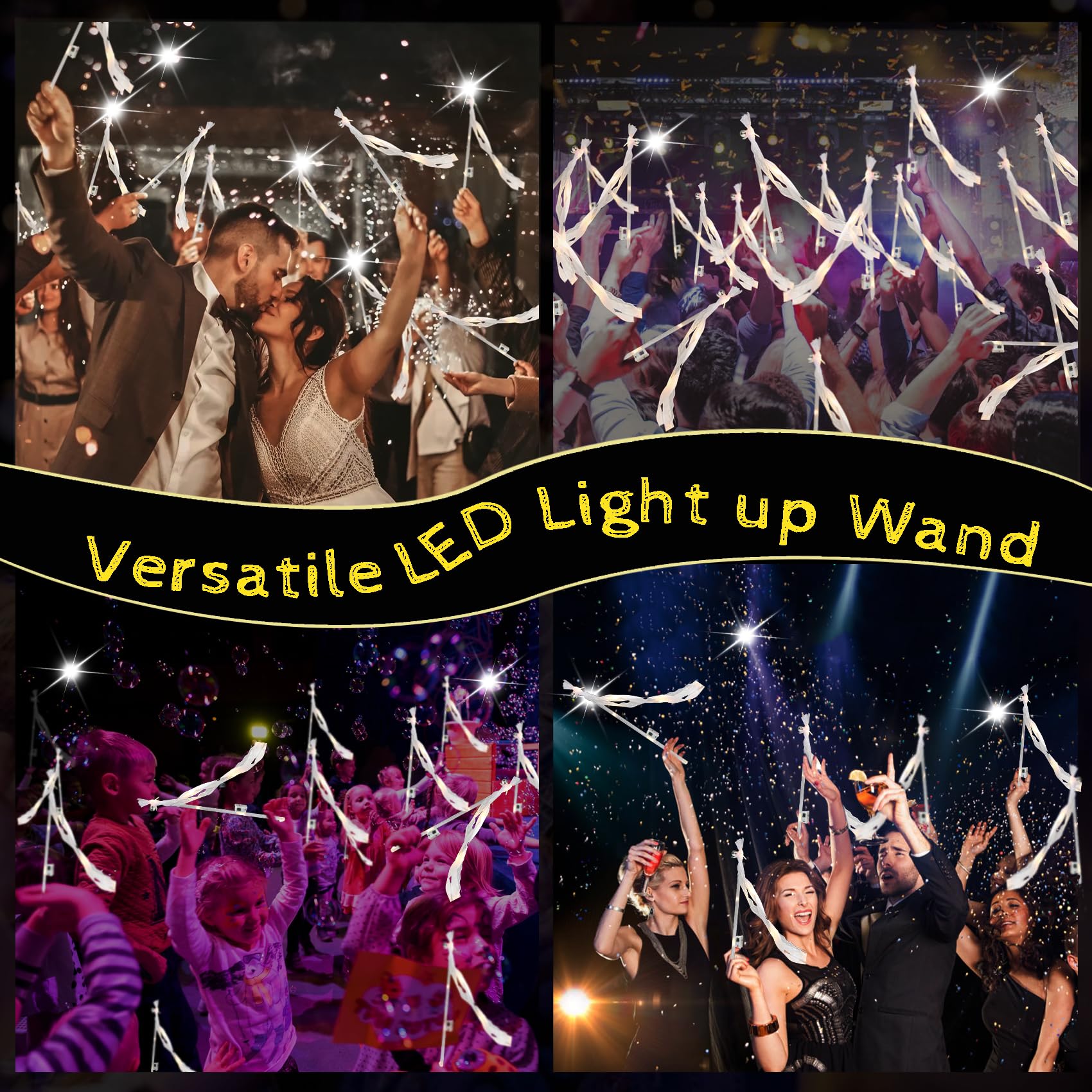 50 PCS Wedding Wands with Ribbons & Bells, Romantic Sparkle with Three Light Modes, Light up Wands for Wedding Send off, New Year, Birthday Party