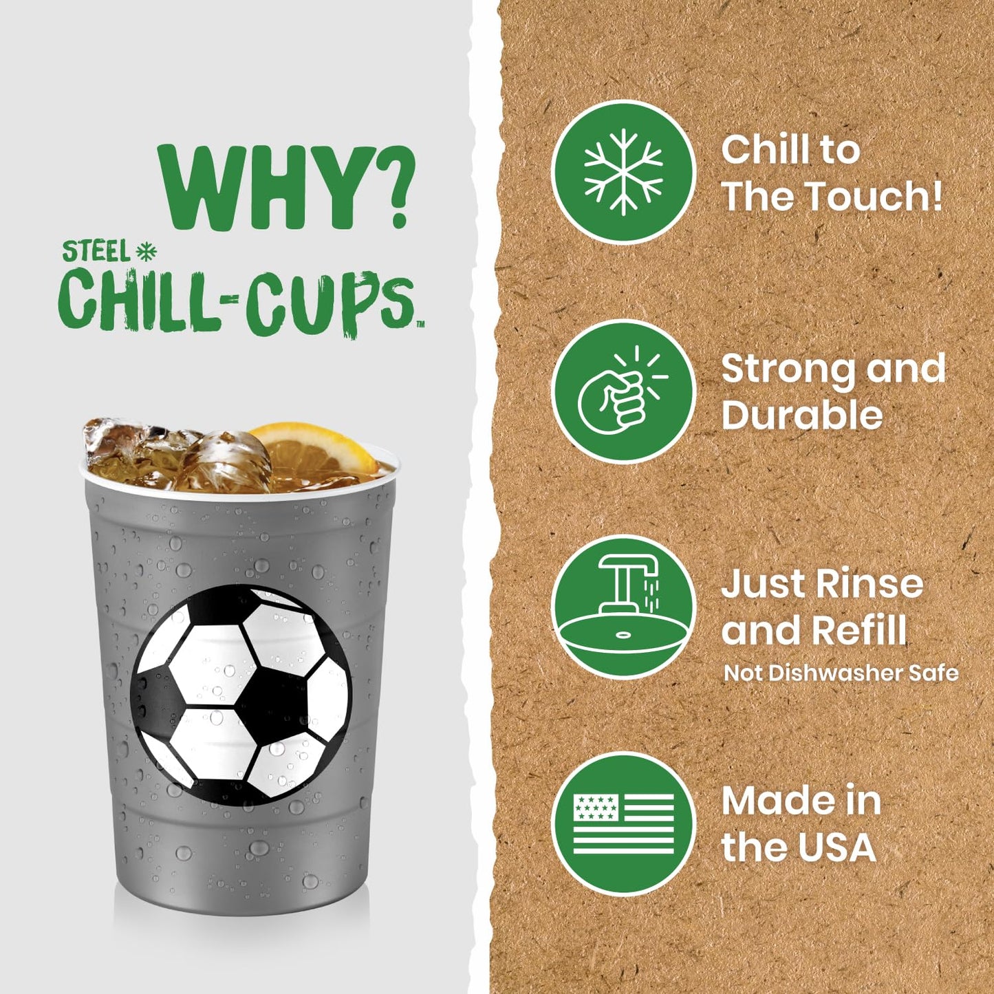 Steel Chill Cups 16 oz. Reusable Party Cups, Soccer, Green, 12 Count