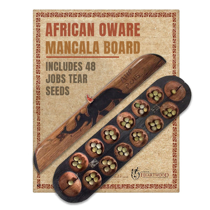 Africa Heartwood Project African Oware Mancala Board - Extended Size, Hand-Carved Solid Wood with Elephant Design, Wooden Folding Mancala 21" Board