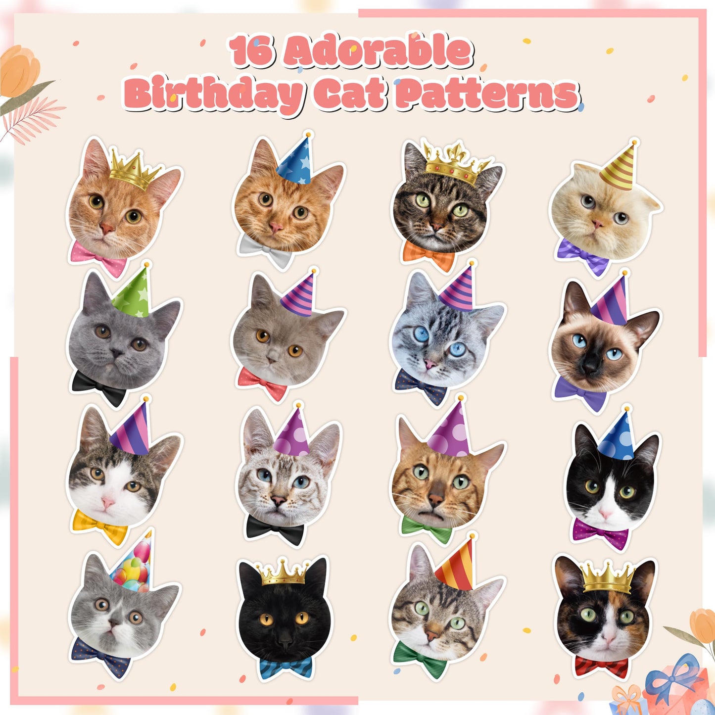 DSjuedui Birthday Cat Sticker Rolls - 1000Pcs Happy Birthday Cute Cat Vinyl Stickers for Kids Adults, Funny Realistic Kitty Waterproof Decals