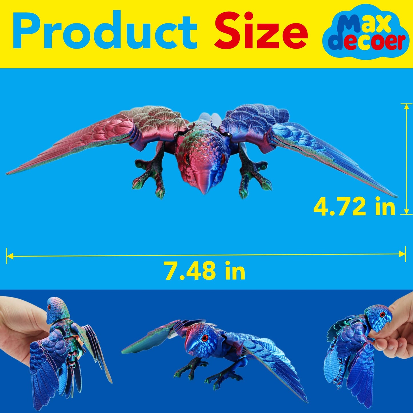 Maxdecoer 3D Printed Articulated Parrot Figure with Movable Wings, Flexible Joint Bird Desk Fidget Toy, Colorful Collectible Home & Office Decor Gift