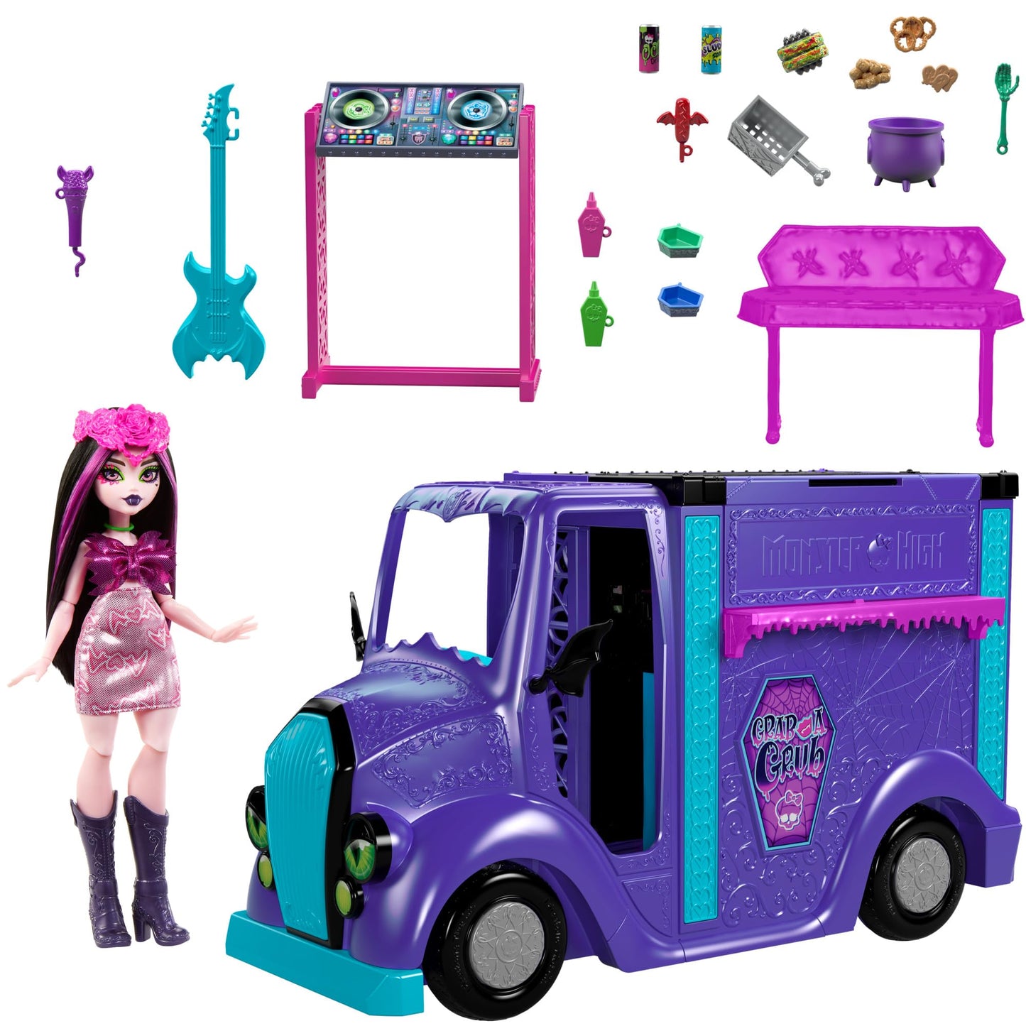 Monster High Draculaura Doll & Playset, Fangtastic Rockin’ Food Truck with Pullout Stage Transformation & 13+ Themed Accessories