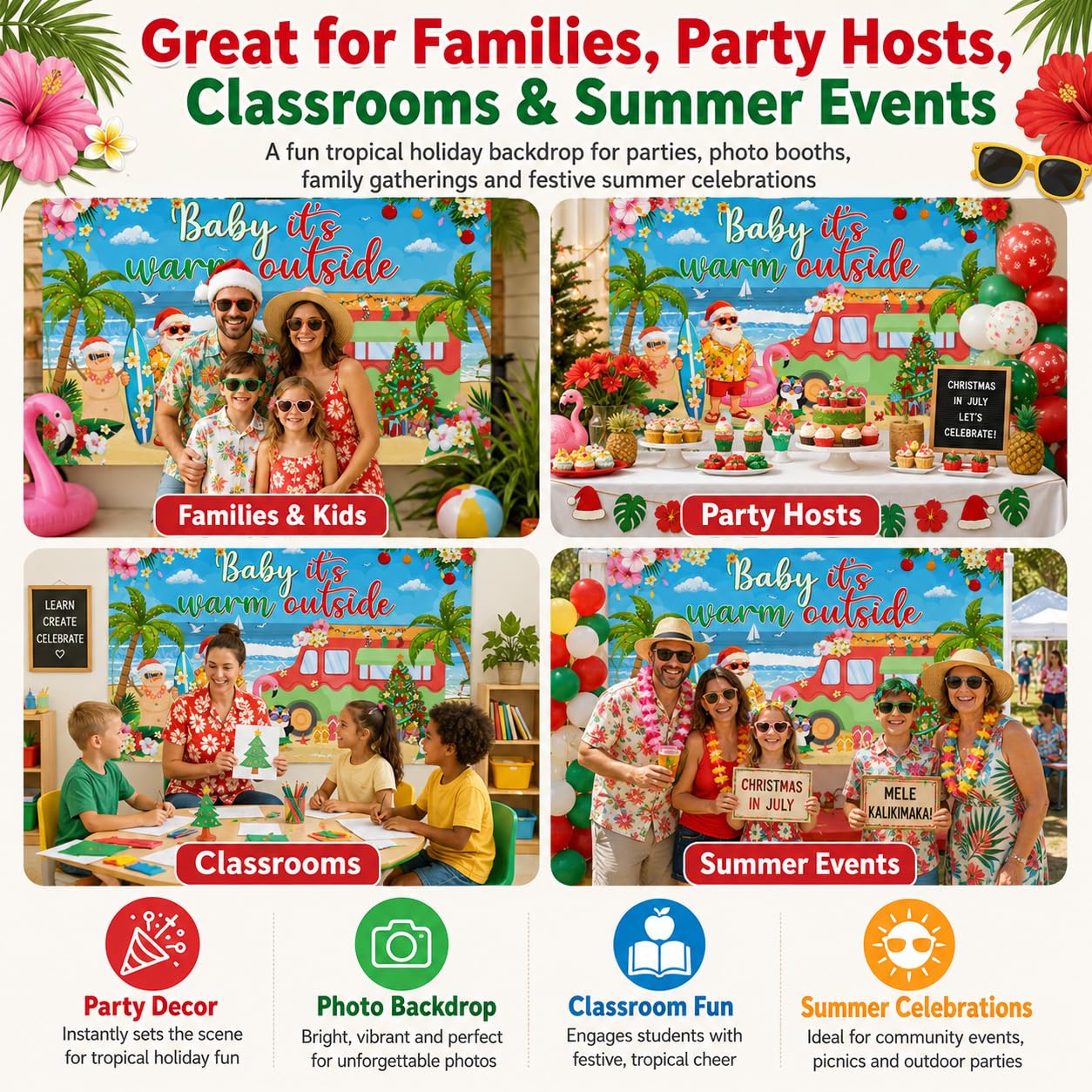 Christmas in July Backdrop 72x43 Inch Polyester Fabric, Baby Its Warm Outside Summer Santa Beach Party Decorations, Tropical Holiday Photo Background