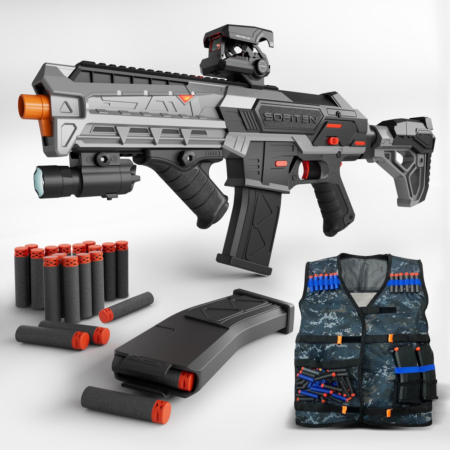 SOFITEN Automatic Toy Gun with Adjustable Scope, Electric Toy Sniper Rifle Foam Dart Blaster with Vest, Flashlight, Grip, Indoor Outdoor Shooting