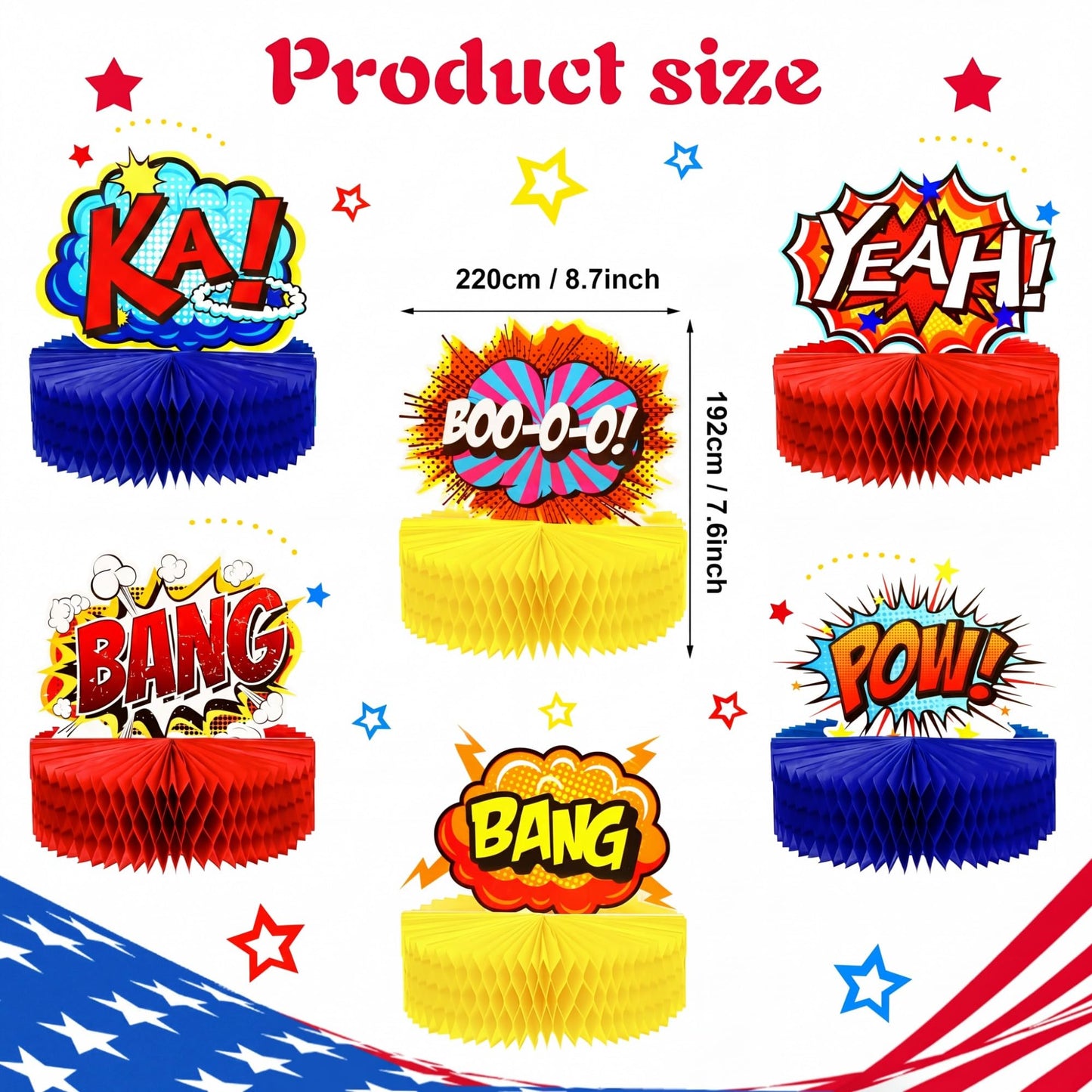 Skylety 6 Pcs Hero Party Decoration for Class Honeycomb Centerpieces 3D Table Topper Paper Large Word Action Sign Table Topper Decor 7.5 x 7.8 Inch