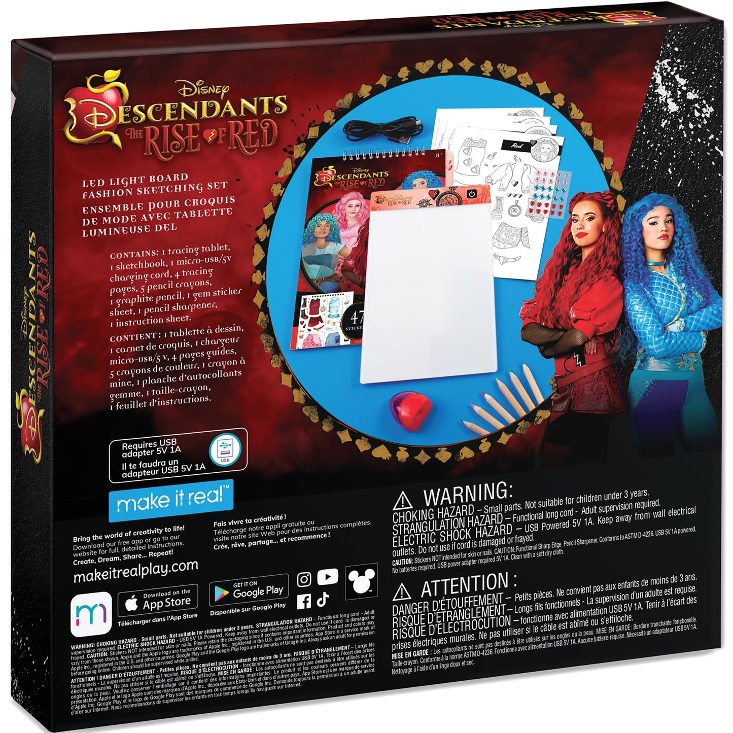 Make It Real: Descendants 4 Rise of Red - LED Light Board Fashion Sketching Set - Create Fashion Designs, Adjustable Light, Disney, Girls-Kids Age 8+