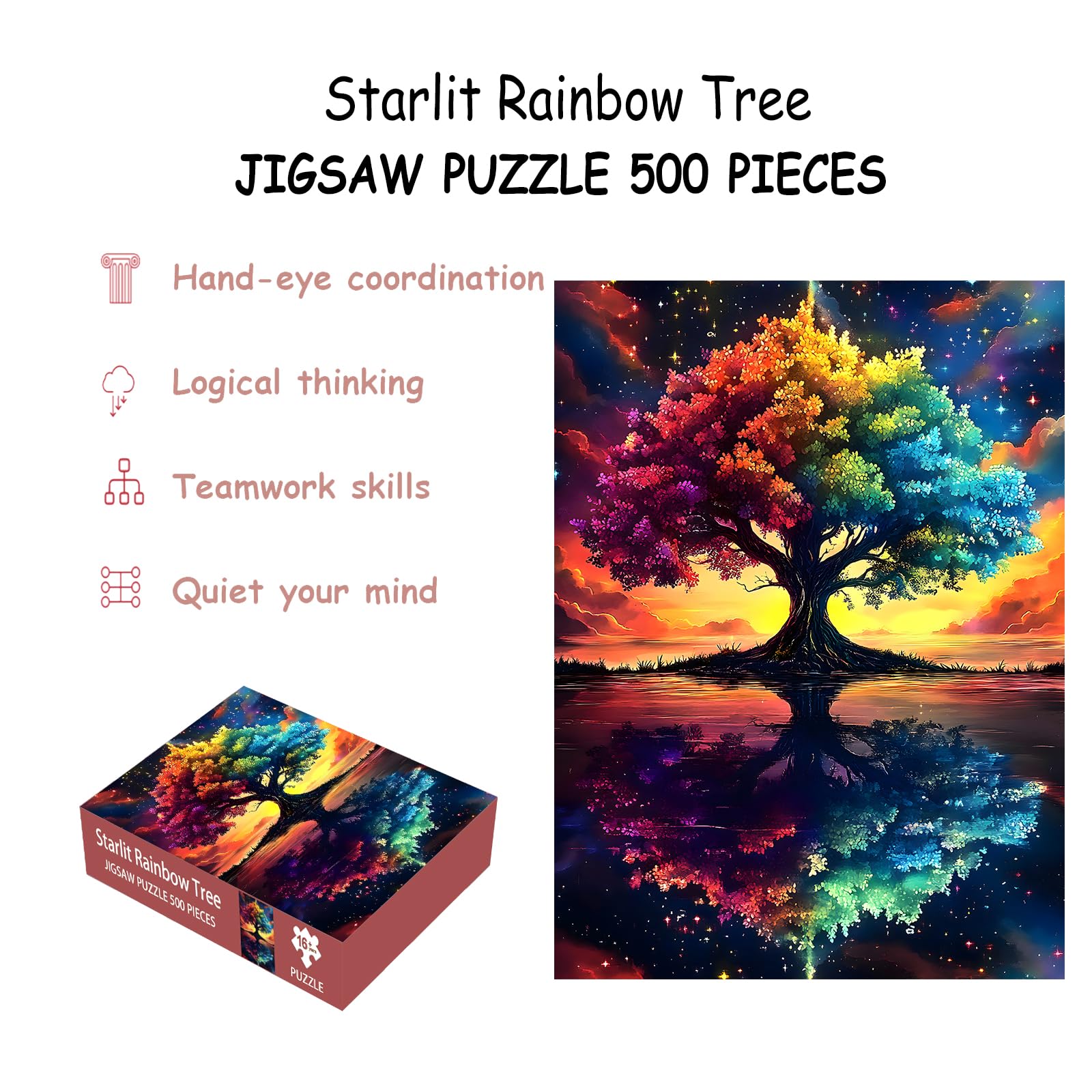 Puzzles for Adults 500 Pieces, Tree of Life Jigsaw Puzzles - Starlit Rainbow Tree, Impossible Starry Night Puzzle for Seniors Families,20.47x14.96