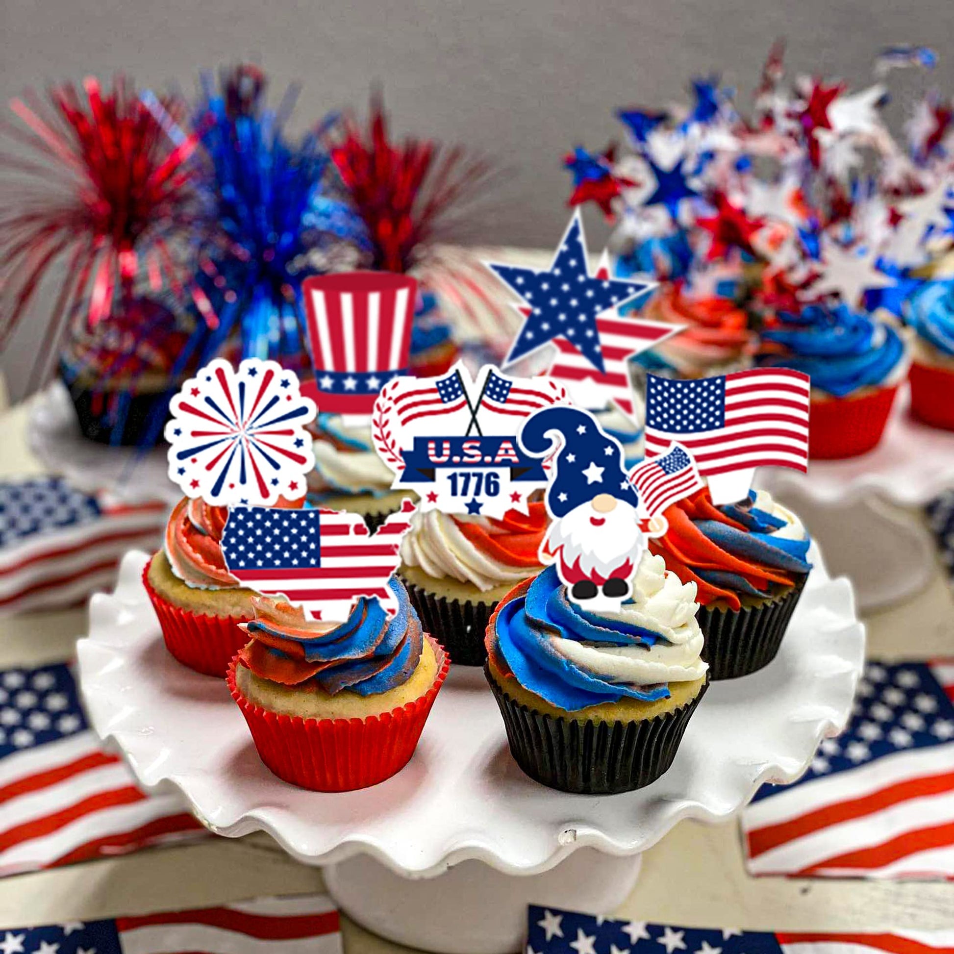 72pcs 4th of July Cupcake Toppers, Patriotic Toothpicks Decorations for 4th of July Independence Day Party Supplies Favor Cake Topper