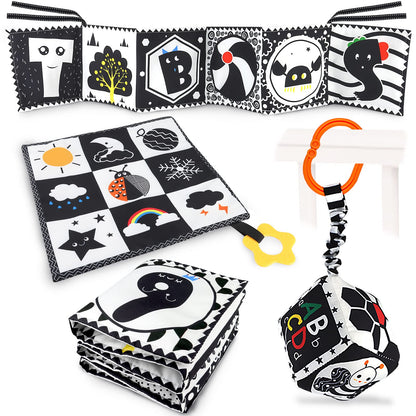 KUANGO 3 PCS Black and White High Contrast Baby Toys Newborn Toys 0-6 Months, Visual Stimulation Sensory Soft Book, Infant Tummy Time Toys 0-3-6