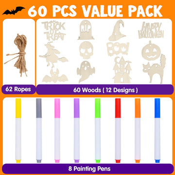 JOYIN 60 Pcs Halloween Craft Wooden Painting Kit, Halloween Party Supplies, Party Favors for Kids, Wood Blank Cutouts Ornaments, Gift Tags Decor