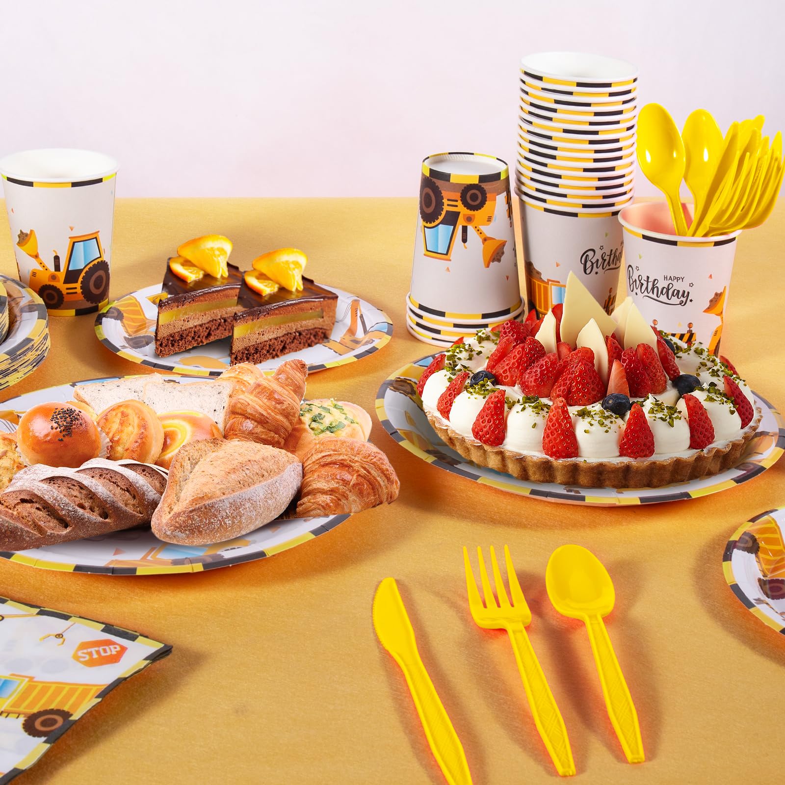 Cecnamt Construction Birthday Decorations, 170 Pcs Construction Birthday Party Supplies Including Banner, Plates, Cups, Napkins, Cutlery