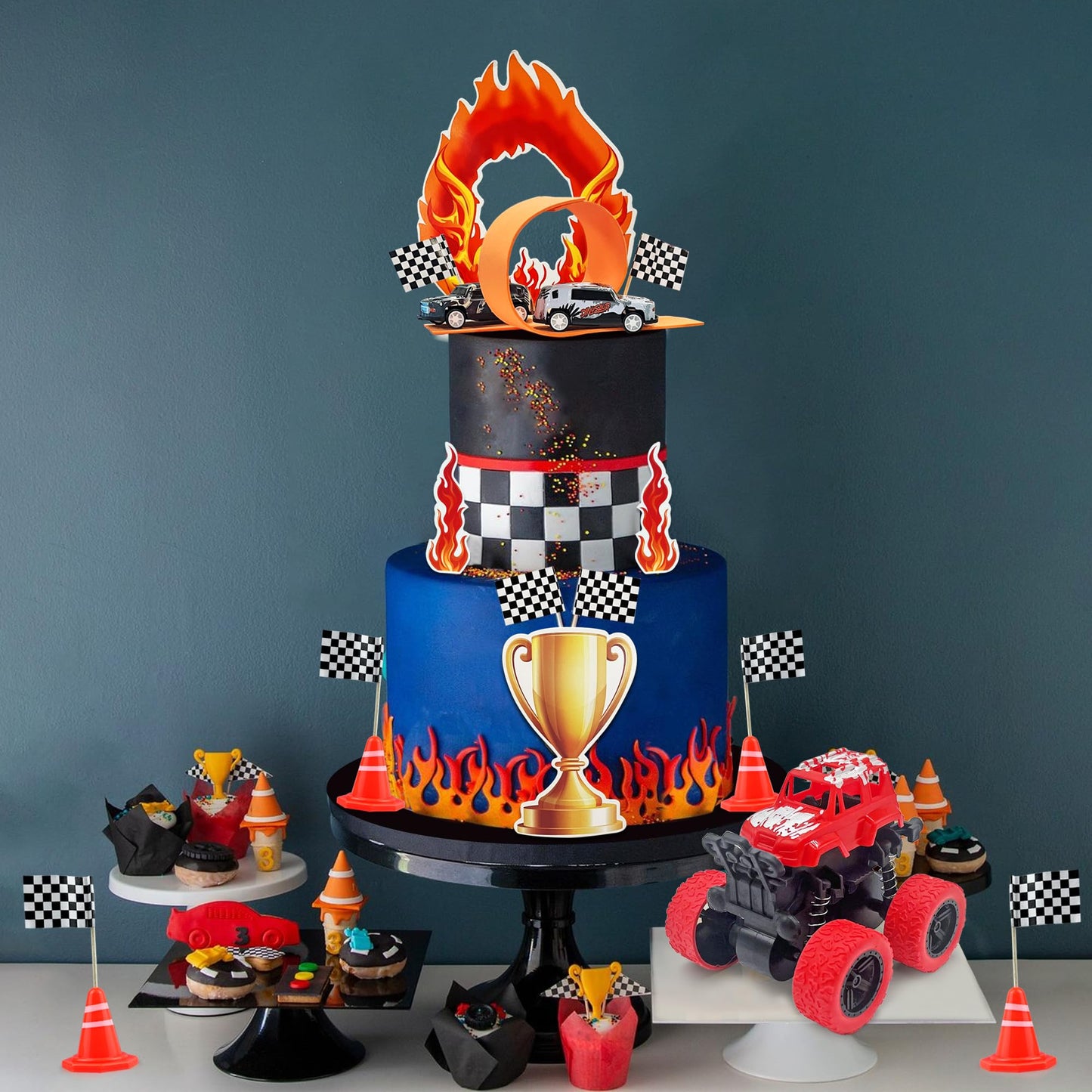 30PCS Truck Cake Decorations Truck Cake Toppers Red Blue Yellow Green Balls Race Car Cake Toppers for Truck Themed Racing Car Party Decorations