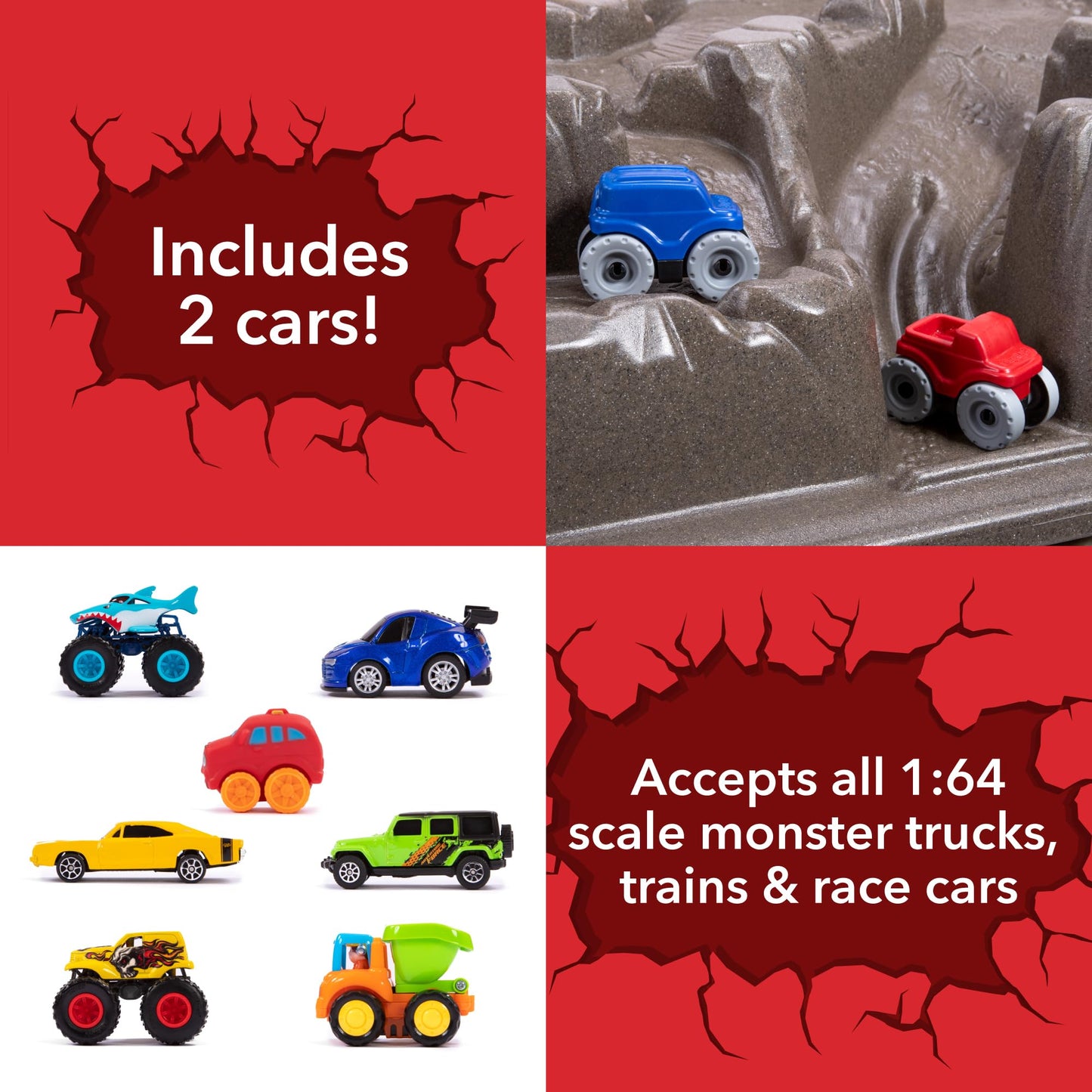Simplay3 Mountain Road Adventure Sandbox for Kids Ages 1.5+, Includes 2 Monster Trucks and Hinged Cover, Double-Sided Sensory Play Table for Sand