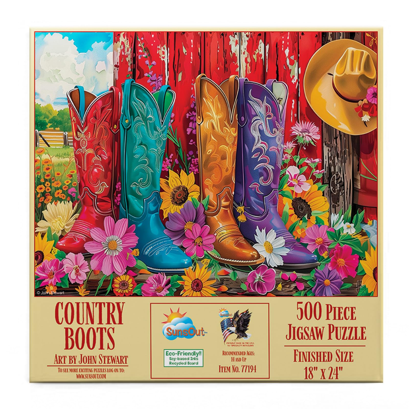 SUNSOUT INC - Country Boots - 500 piece Jigsaw Puzzle for Adults by Artist: John Stewart - Finished Size 18" x 24" - MPN# 77194