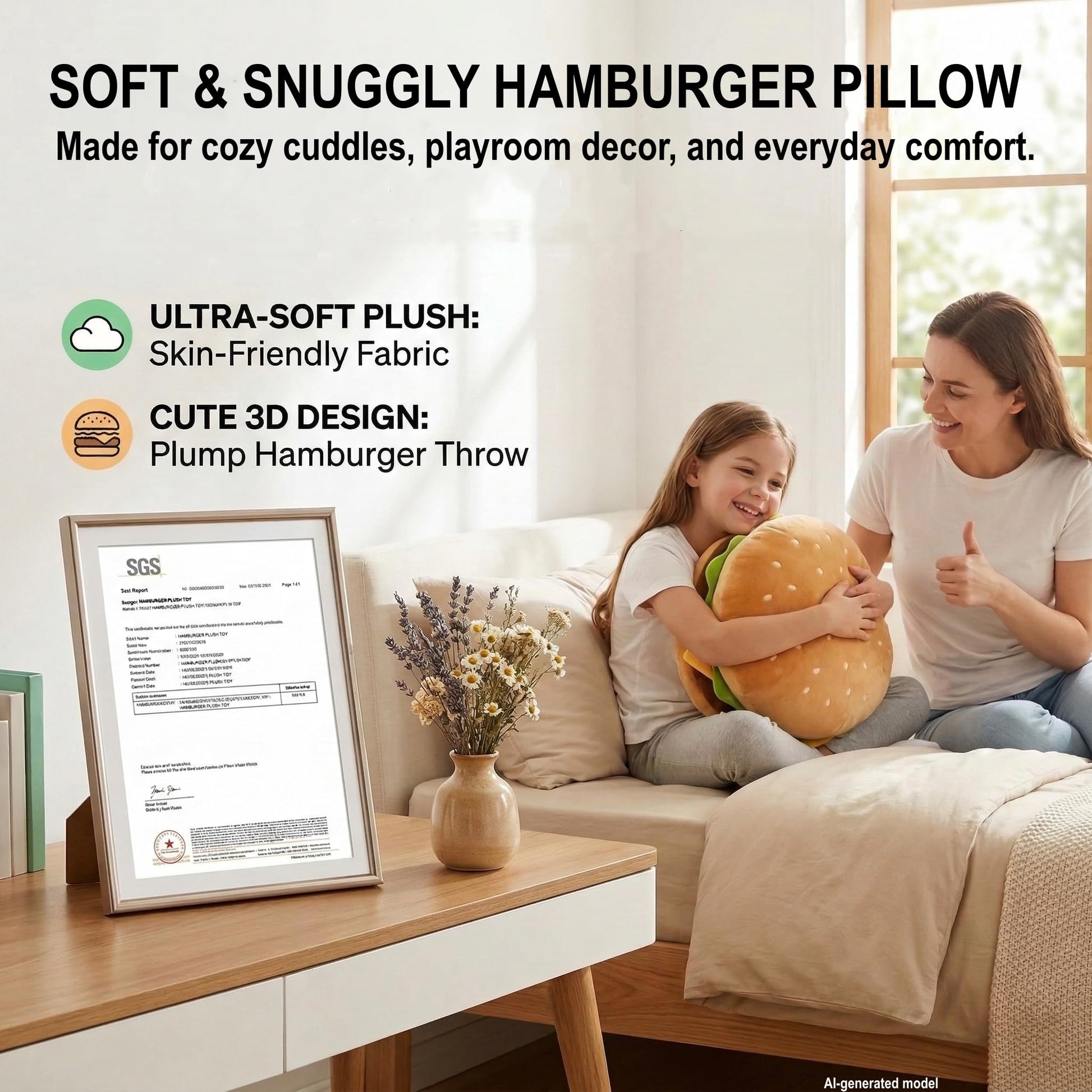 T play Burger Pillow Plush for Kids: Soft Stuffed Hamburger Throw - Skin-Friendly Cheeseburger Room Decor - Cute 3D Shaped Food Gifts 8-12 Yrs 18"