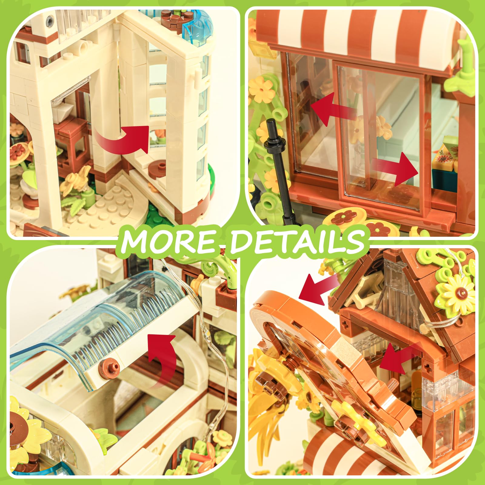 NightFlares Flower House Building Set with LED Light, Sunflower House Shop Building kit with Greenhouse & Motion Sensor, Gift for Women Mom Girl 14+