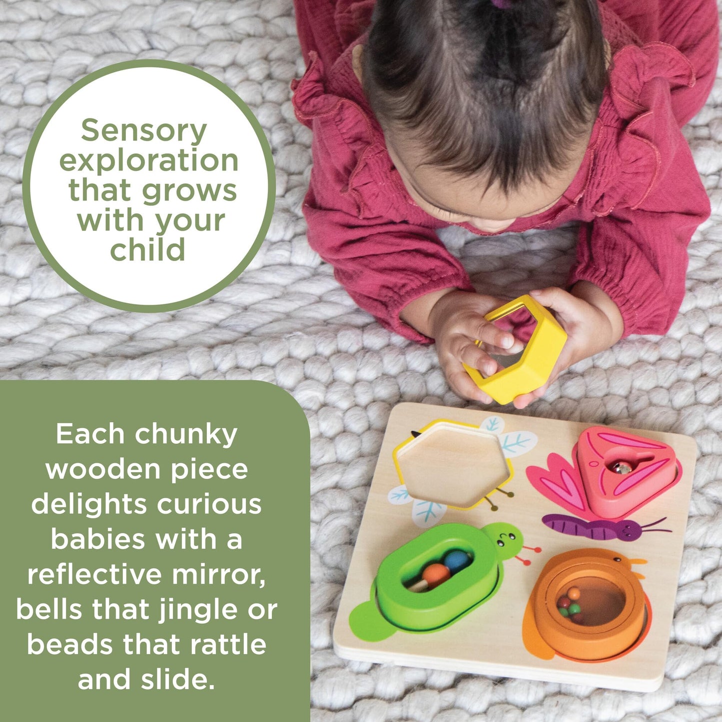 MindWare Sensory Sprouts Surprise Puzzle - Wooden Baby Puzzle with Mirror, Bells & Beads - Educational Toy for Infants & Toddlers 6+ Months Montessori