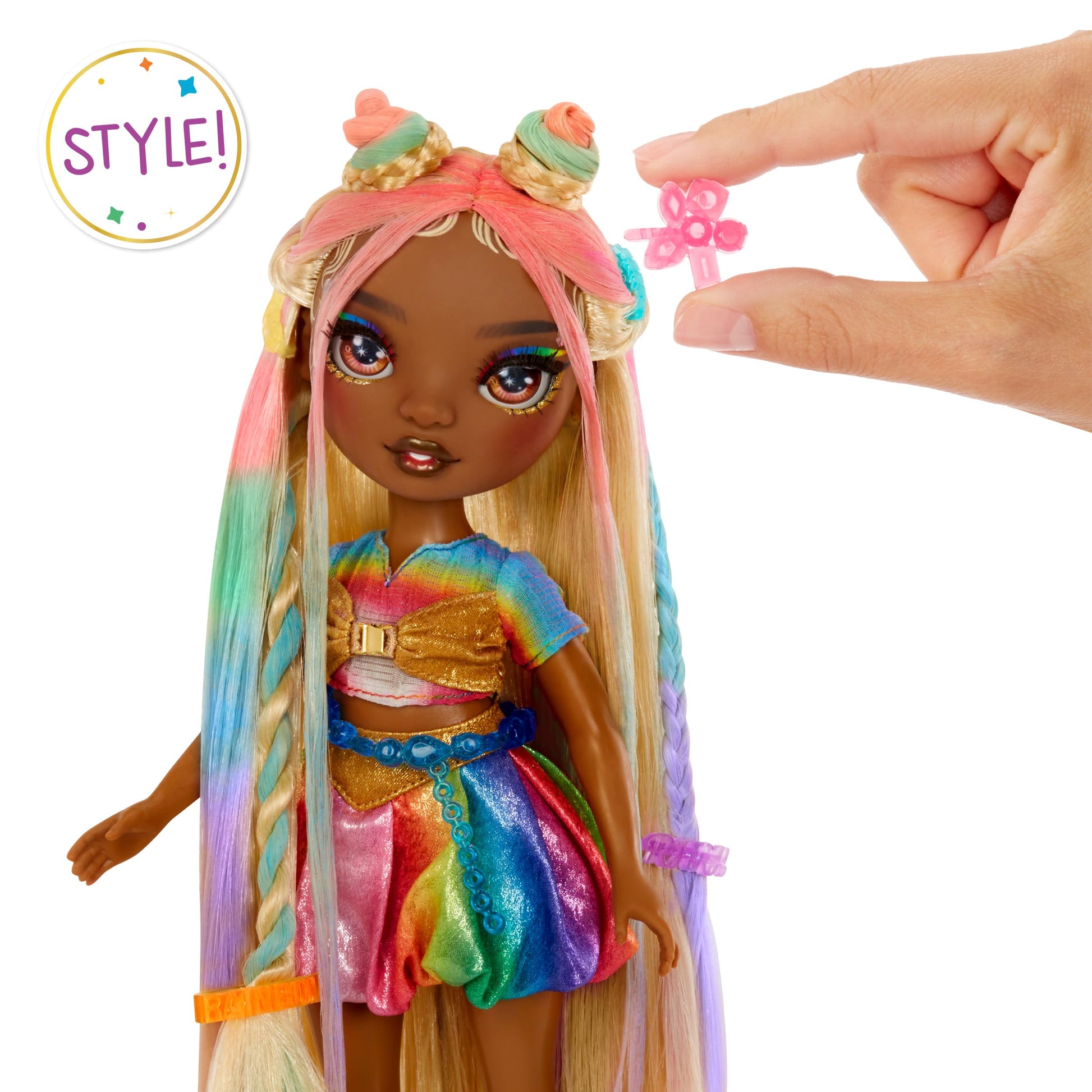 Rainbow High Hair Chalk & Style Meline - Rainbow & Gold 11” Doll. Washable Rainbow Hair Chalk, Color, Style, Play, Rinse & Repeat. Kids Gift 4-12+